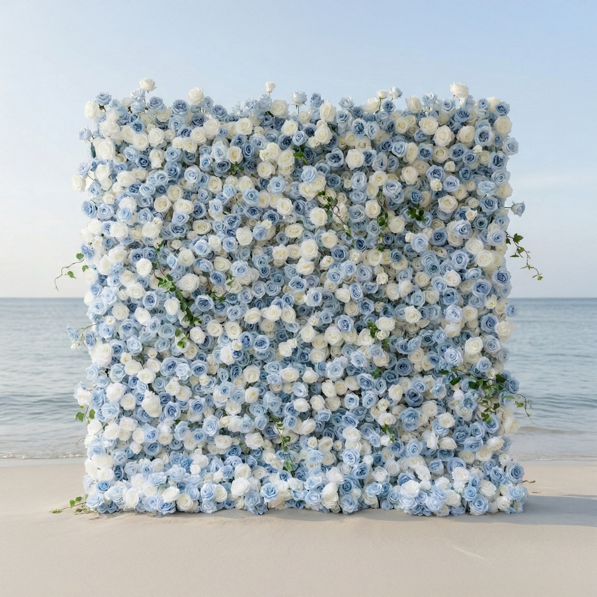 Sapphira: Luxury 5D Serene Blue & Cream Silk Floral Wall Roll-Up Fabric Backdrop for Seaside Weddings & Events