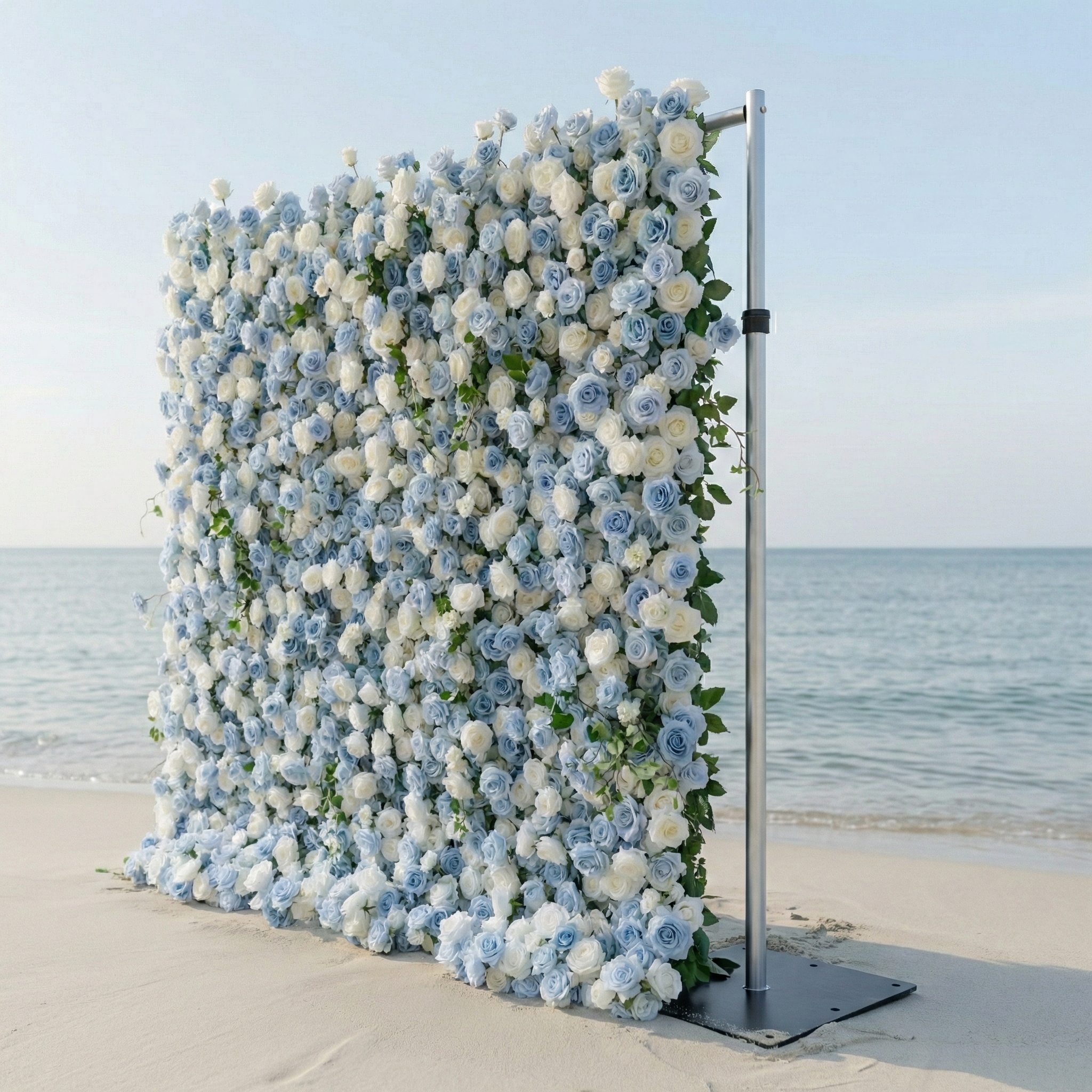 Sapphira: Luxury 5D Serene Blue & Cream Silk Floral Wall Roll-Up Fabric Backdrop for Seaside Weddings & Events