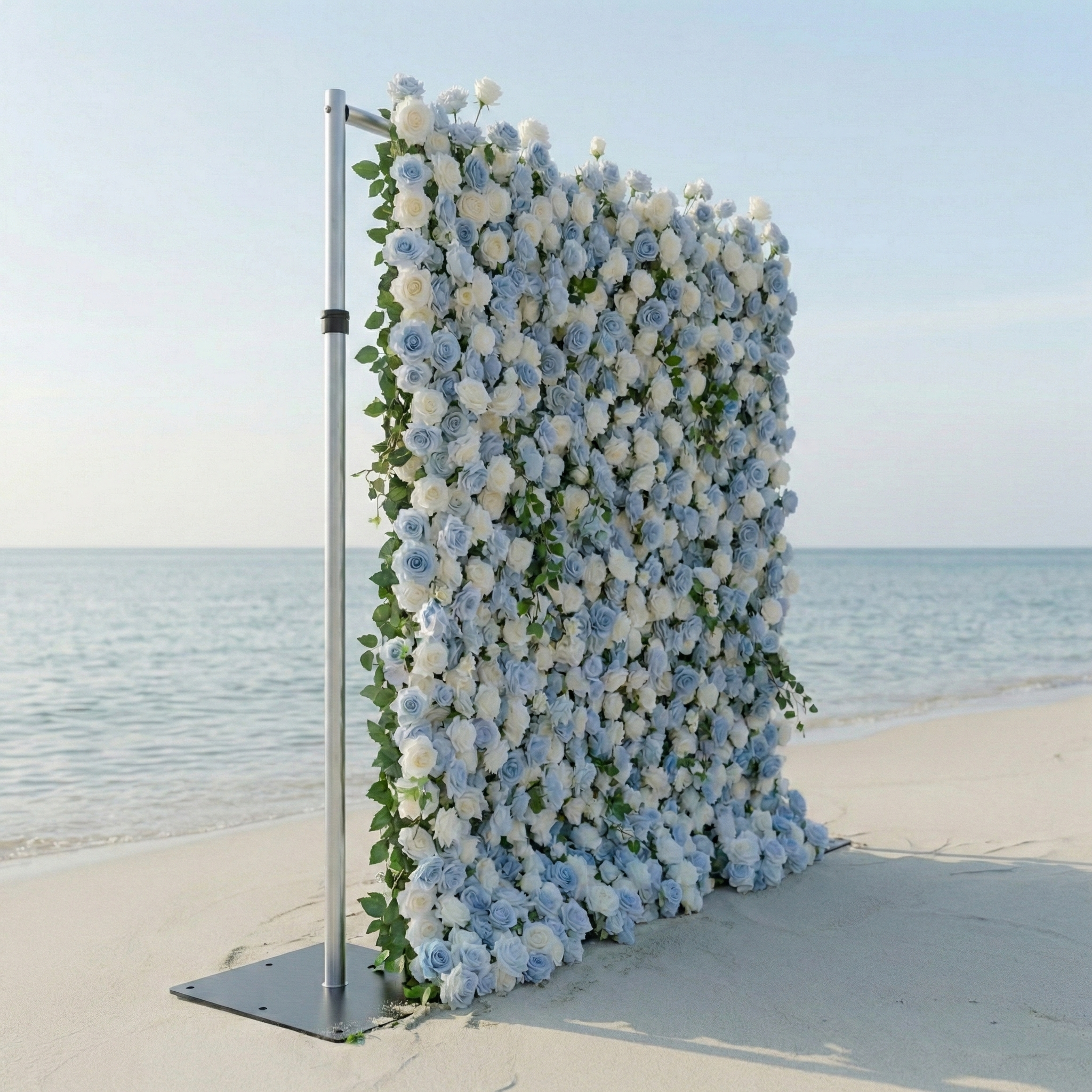 Sapphira: Luxury 5D Serene Blue & Cream Silk Floral Wall Roll-Up Fabric Backdrop for Seaside Weddings & Events