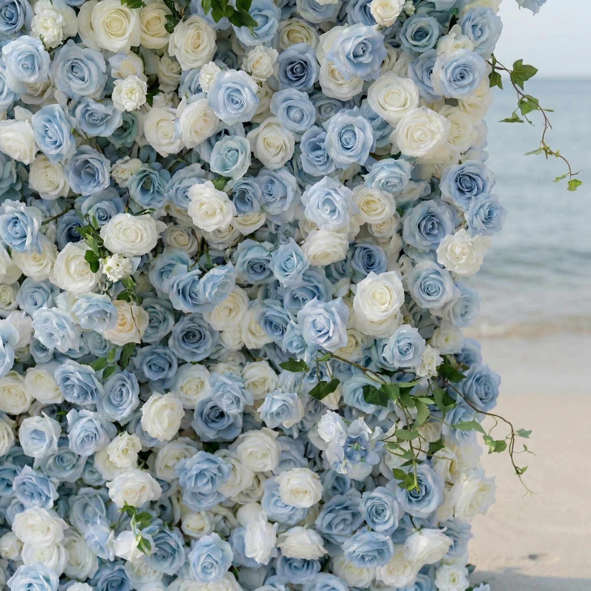 Sapphira: Luxury 5D Serene Blue & Cream Silk Floral Wall Roll-Up Fabric Backdrop for Seaside Weddings & Events