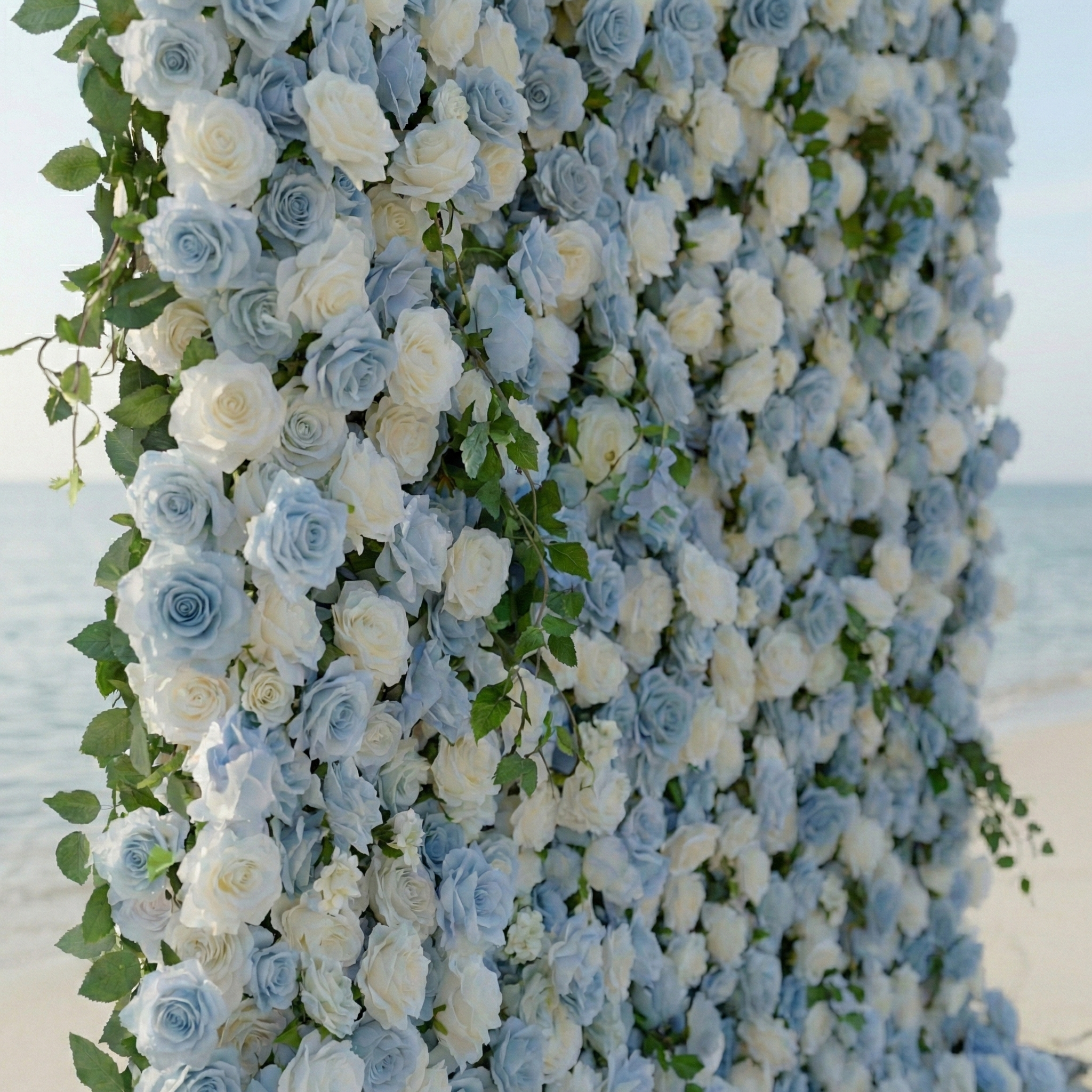 Sapphira: Luxury 5D Serene Blue & Cream Silk Floral Wall Roll-Up Fabric Backdrop for Seaside Weddings & Events