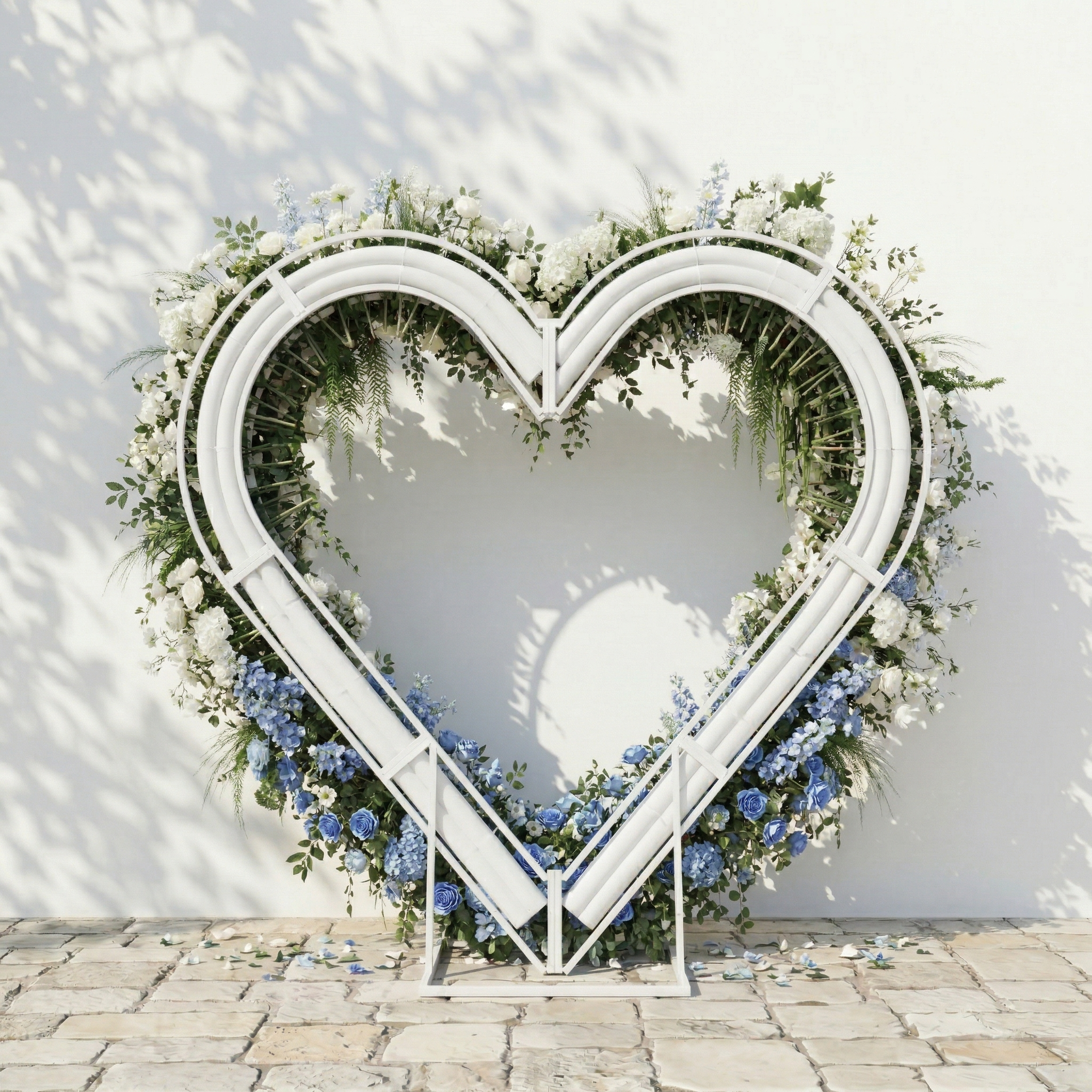 Serelya: Heart-Shaped Blue and White Silk Rose Flower Arch Floral Arrangement for Coastal Weddings