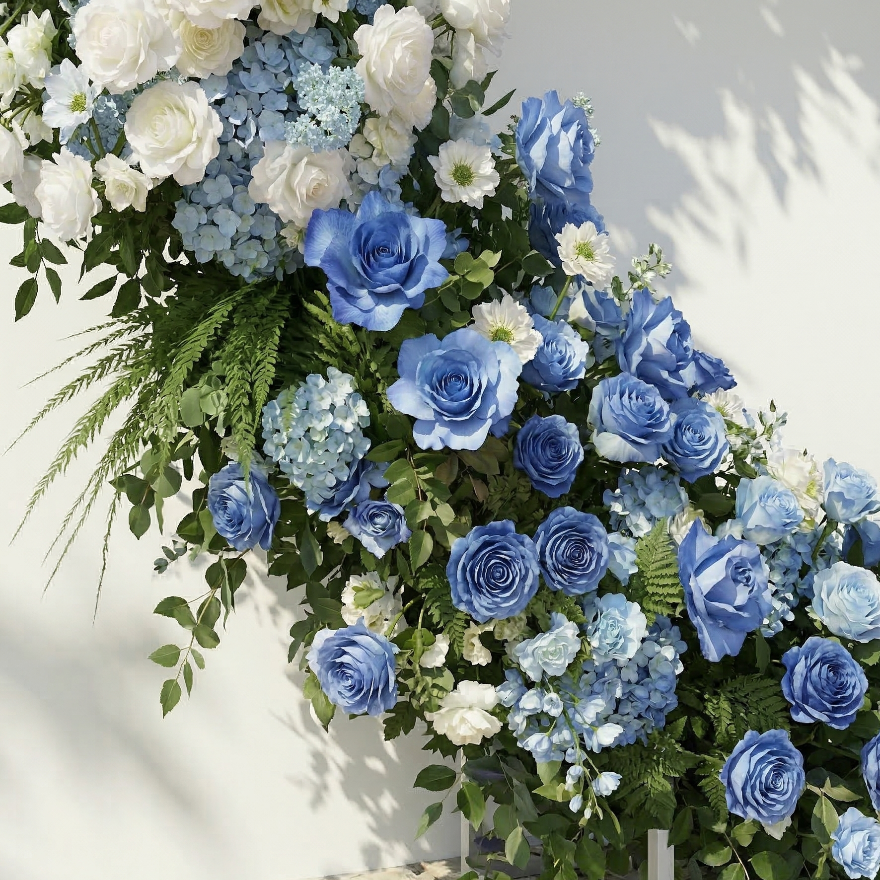 Serelya: Heart-Shaped Blue and White Silk Rose Flower Arch Floral Arrangement for Coastal Weddings