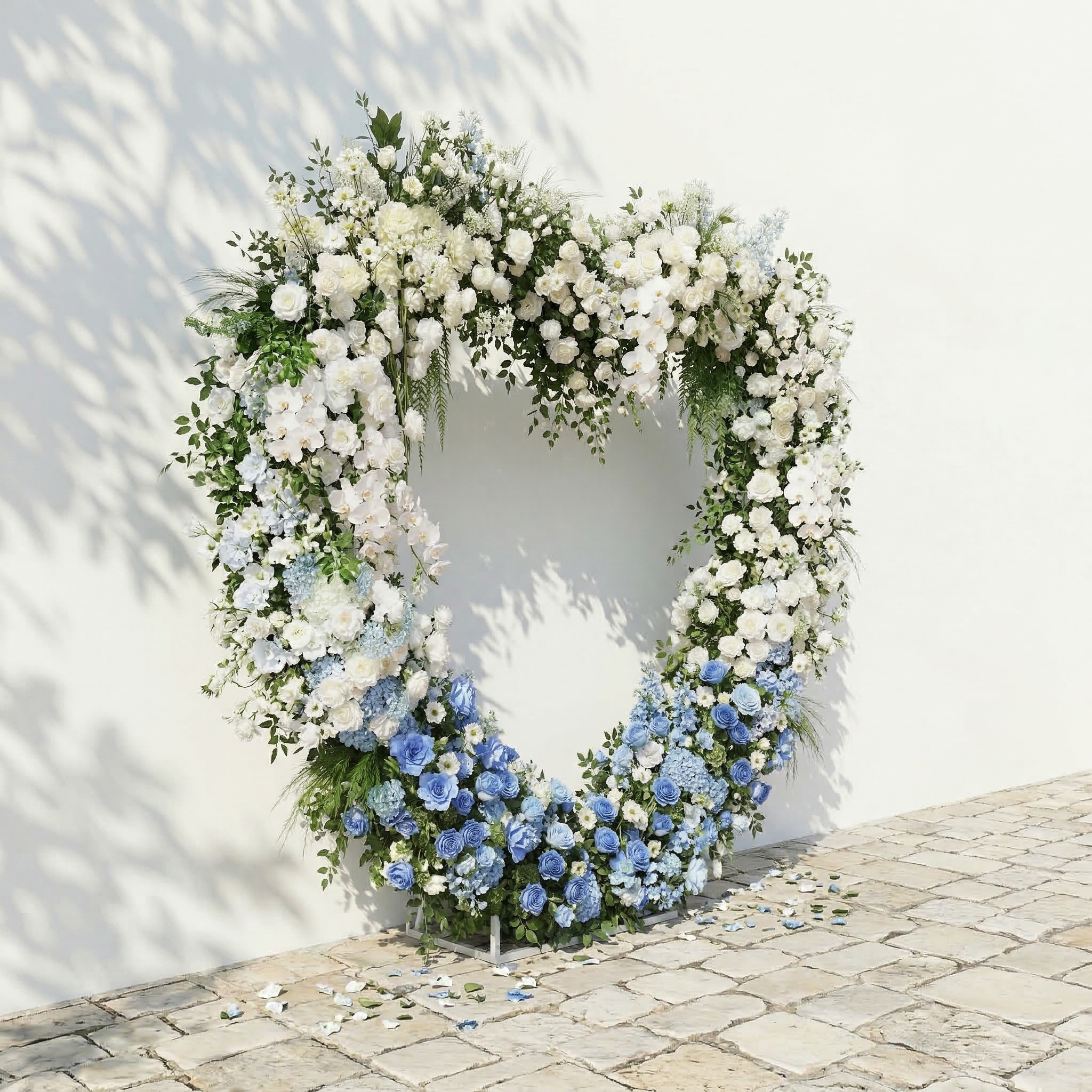 Serelya: Heart-Shaped Blue and White Silk Rose Flower Arch Floral Arrangement for Coastal Weddings