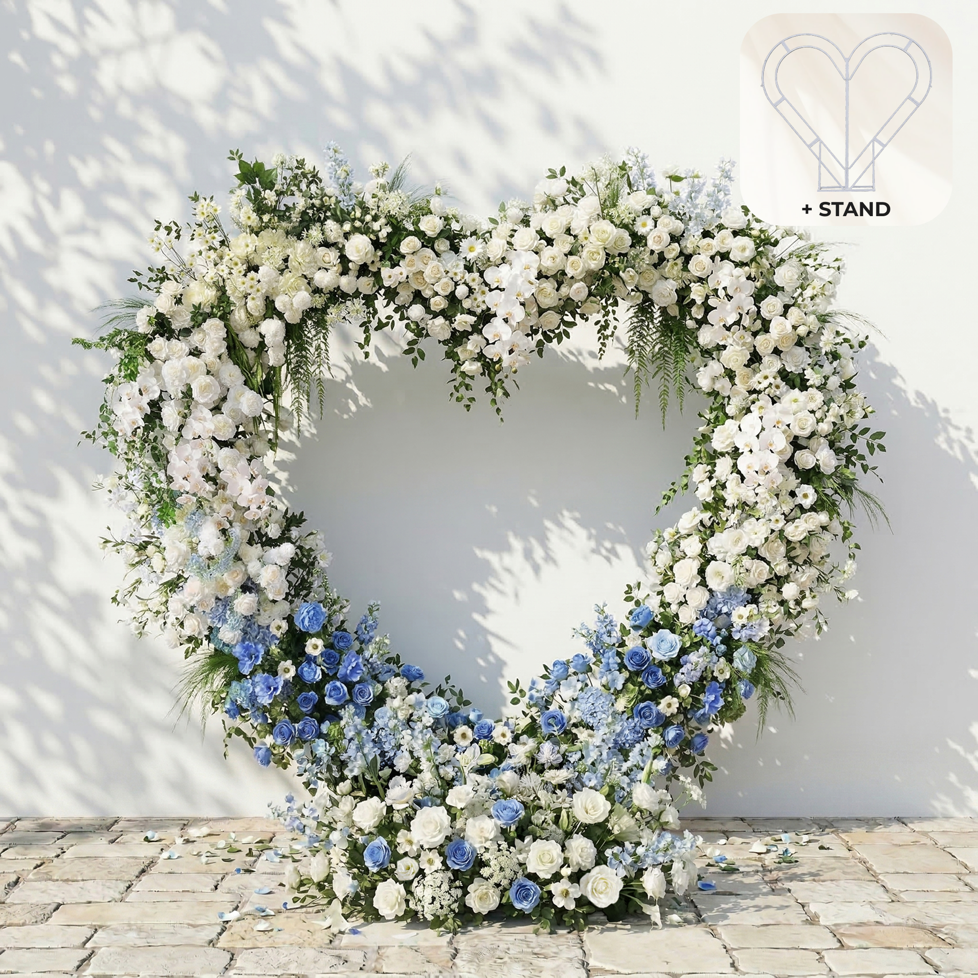 Serelya: Heart-Shaped Blue and White Silk Rose Flower Arch Floral Arrangement for Coastal Weddings