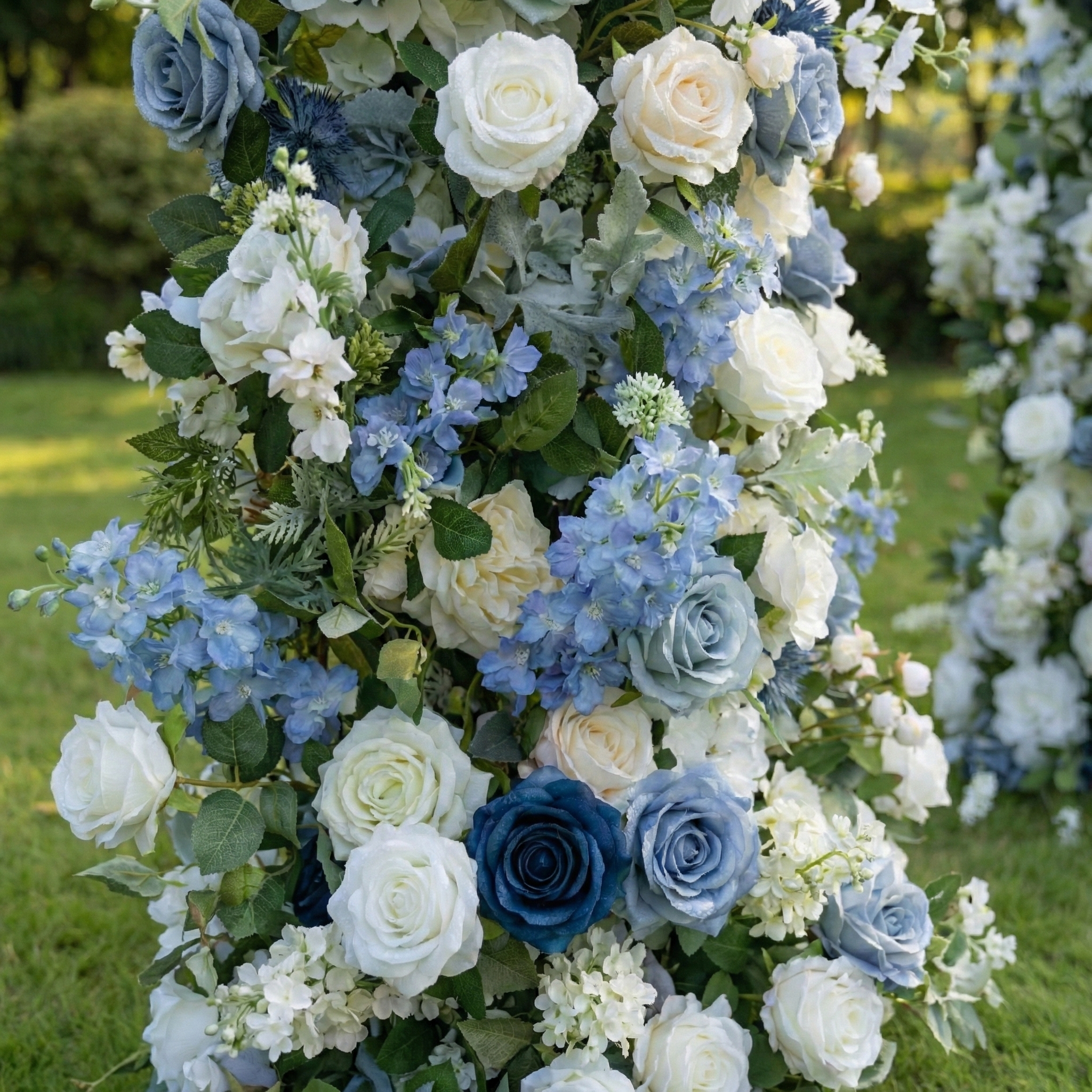Sereth: Luxury Azure & Cream Silk Rose Ground Arch Arrangement for Dreamy Seaside Weddings & Romantic Aisle Decor