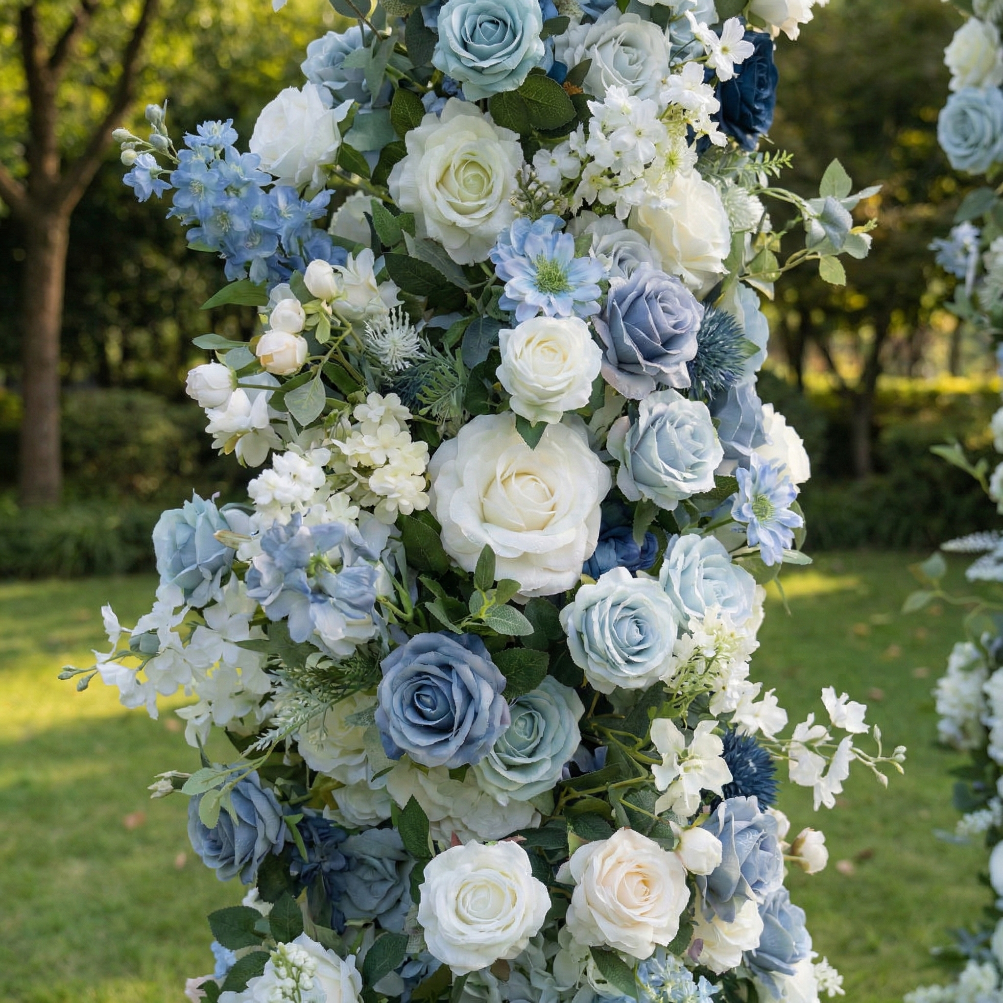 Sereth: Luxury Azure & Cream Silk Rose Ground Arch Arrangement for Dreamy Seaside Weddings & Romantic Aisle Decor