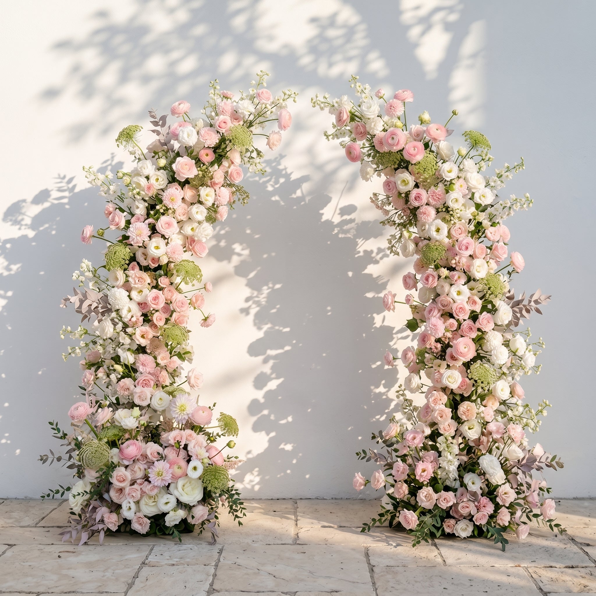 Sorelia:Luxury Blush Pink, Ivory White & Soft Sorelia Silk Floral Ground Horn Arch Arrangement with Lush Cascading Greenery for Romantic Minimalist Weddings & Garden Event Decor Including Frame