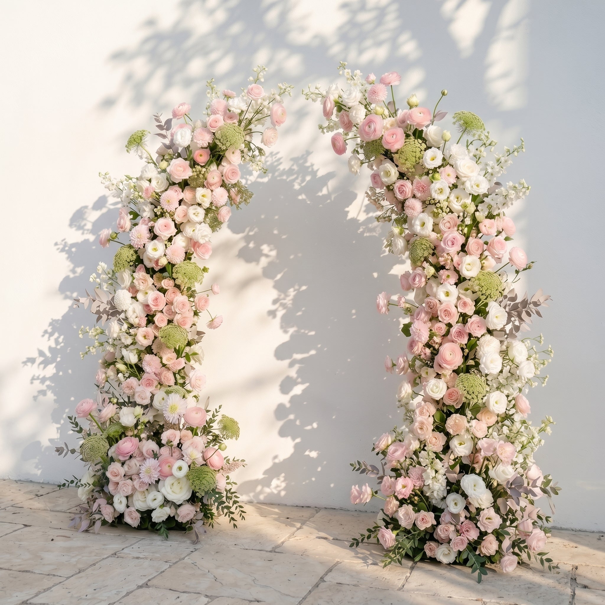 Sorelia:Luxury Blush Pink, Ivory White & Soft Sorelia Silk Floral Ground Horn Arch Arrangement with Lush Cascading Greenery for Romantic Minimalist Weddings & Garden Event Decor Including Frame
