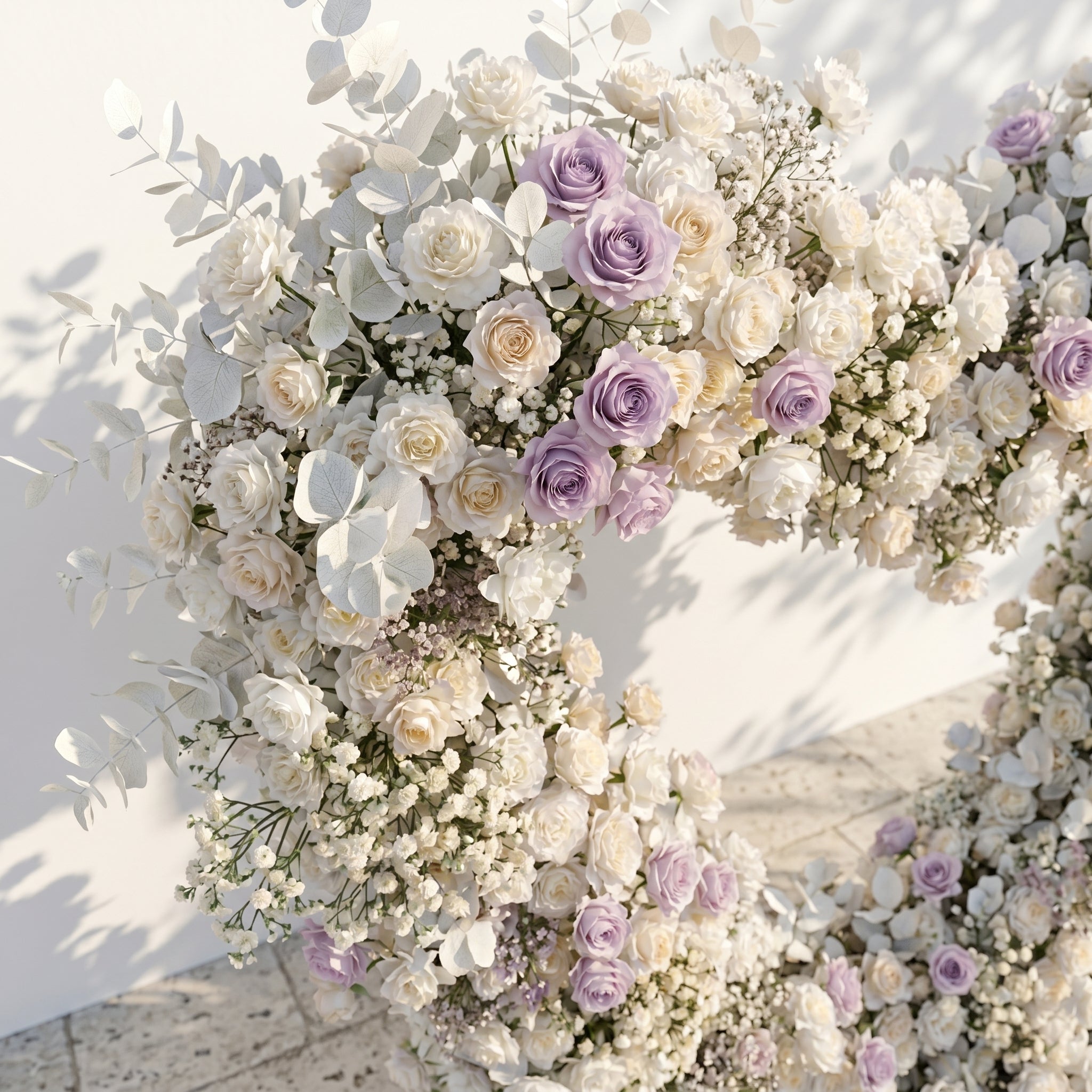 Talyana: Heart-Shaped Lavender Purple and Ivory White Silk Rose Flower Arch Floral Arrangement for Minimalist Weddings