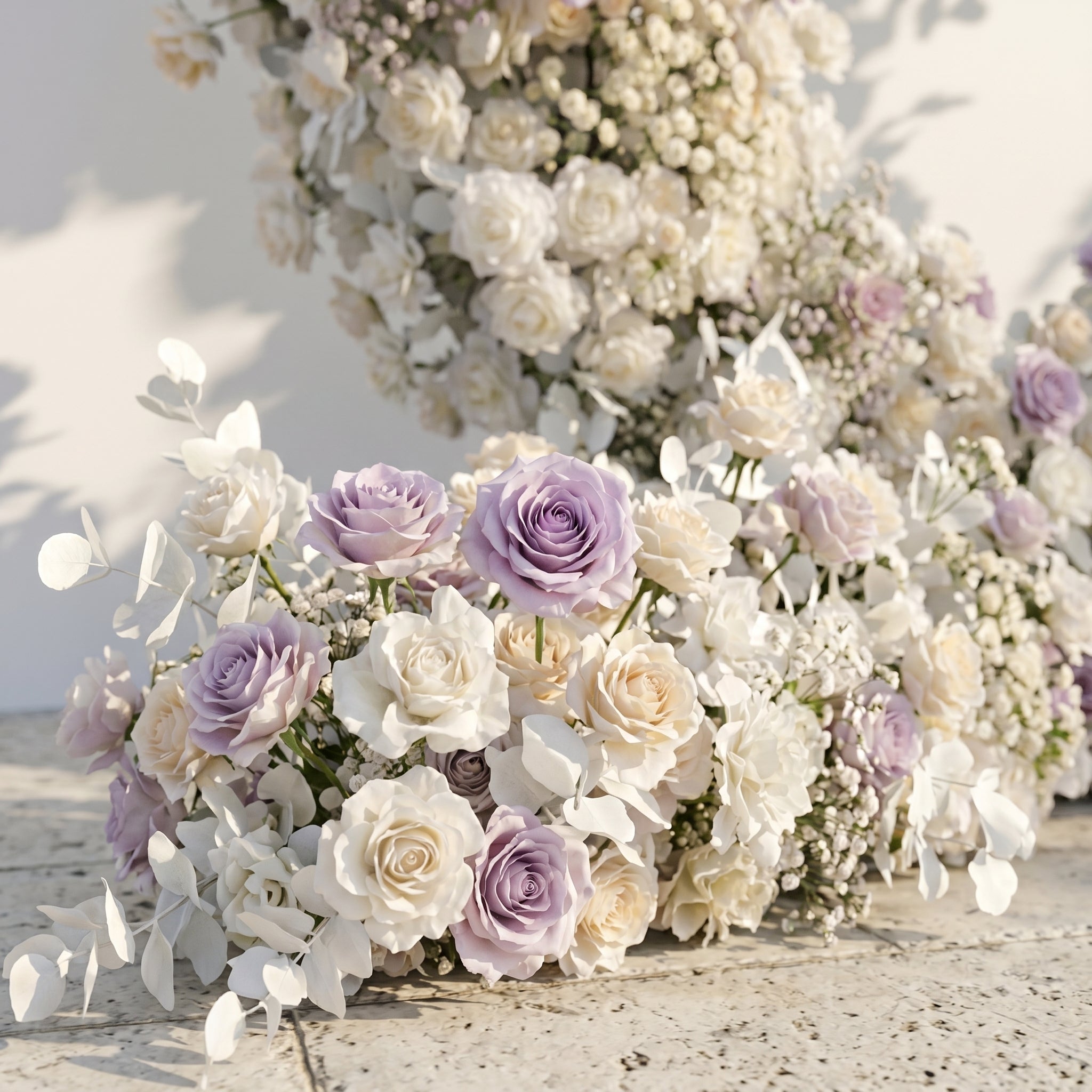 Talyana: Heart-Shaped Lavender Purple and Ivory White Silk Rose Flower Arch Floral Arrangement for Minimalist Weddings