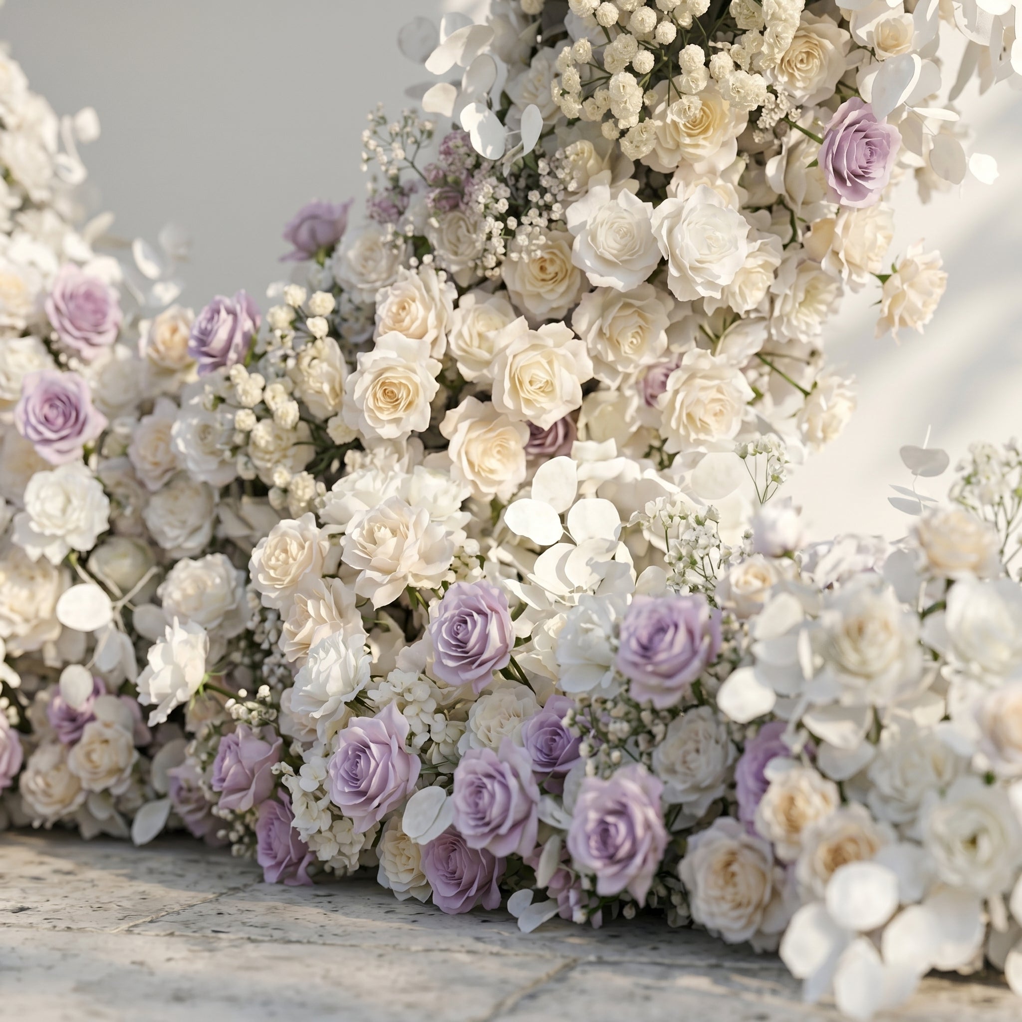 Talyana: Heart-Shaped Lavender Purple and Ivory White Silk Rose Flower Arch Floral Arrangement for Minimalist Weddings