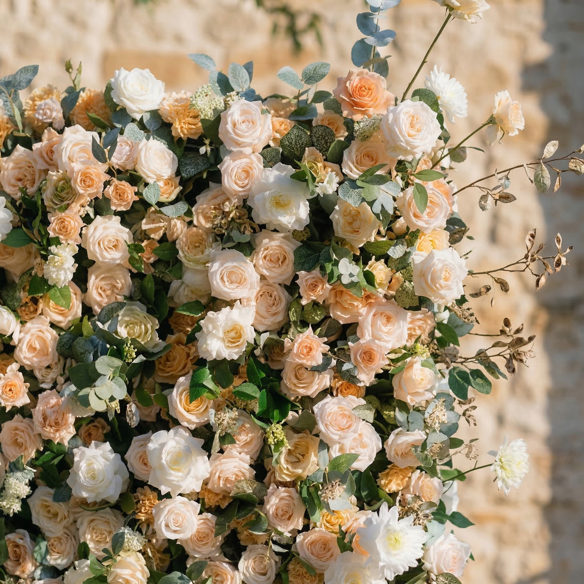 Tarelle: 5D Champagne and Cream Silk Rose Flower Wall Roll-Up Fabric Backdrop for Garden Weddings & Events