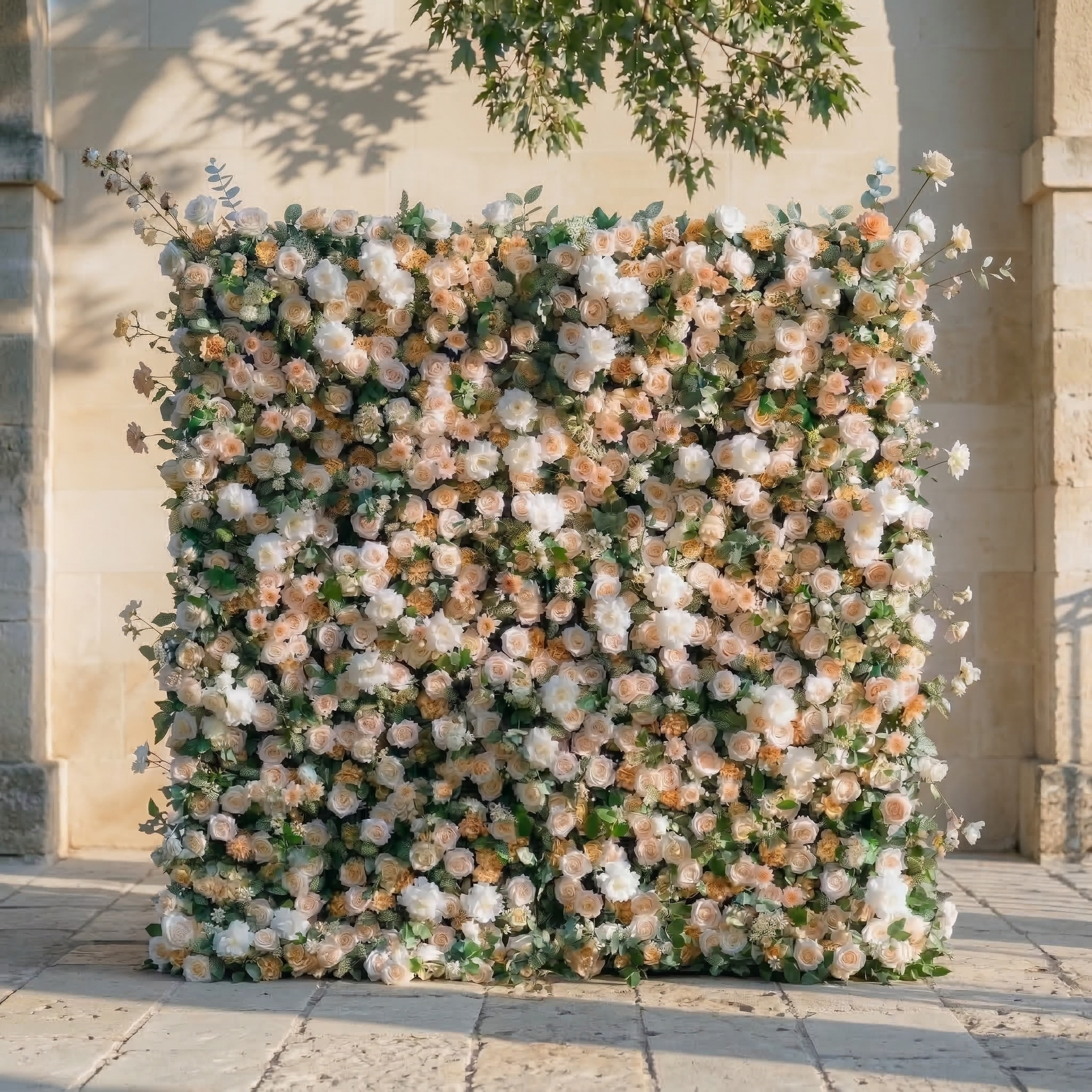 Tarelle: 5D Champagne and Cream Silk Rose Flower Wall Roll-Up Fabric Backdrop for Garden Weddings & Events