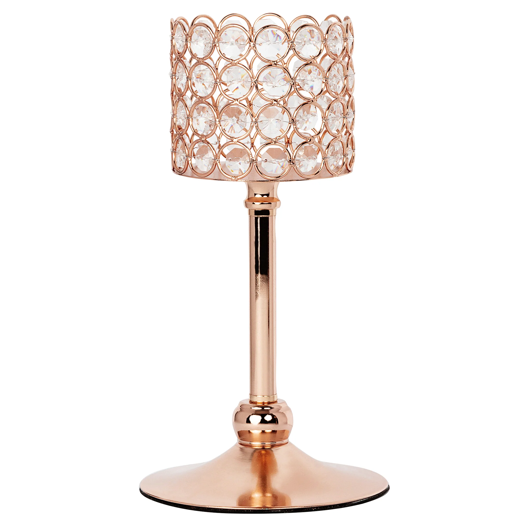 Rose morning V017: Wedding and Event Gold Crystal Candle Holder 10.5" is a gold candle holder made of high-quality crystal. It is a luxurious and elegant decoration for any occasion. The height of the candle holder is 10.5 inches and the diameter of the base is 3.5 inches. It can hold standard size candles. The candle holder has a gold finish that is perfect to complement any decor style. It also makes a perfect gift.