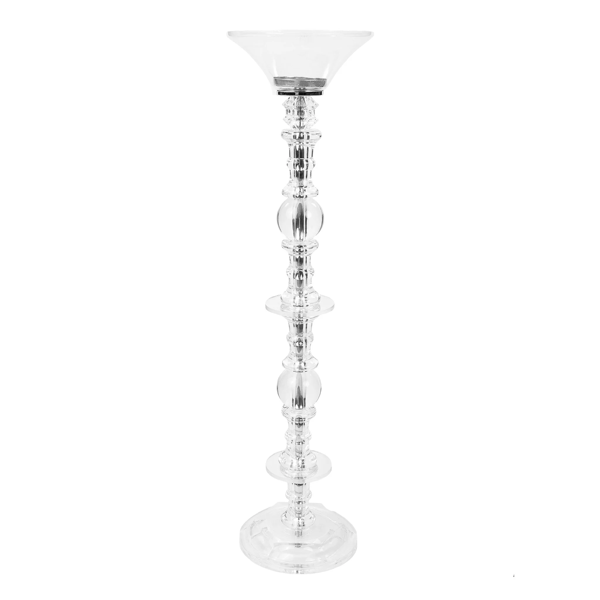Rose morning V019 is a 24" tall acrylic vase/candle holder that can be used as wedding table decoration. The vase is made of high quality acrylic, durable and easy to clean. It has a round base for stable placement on a table. Vases are perfect for flowers or candles, adding romance and elegance to your wedding.