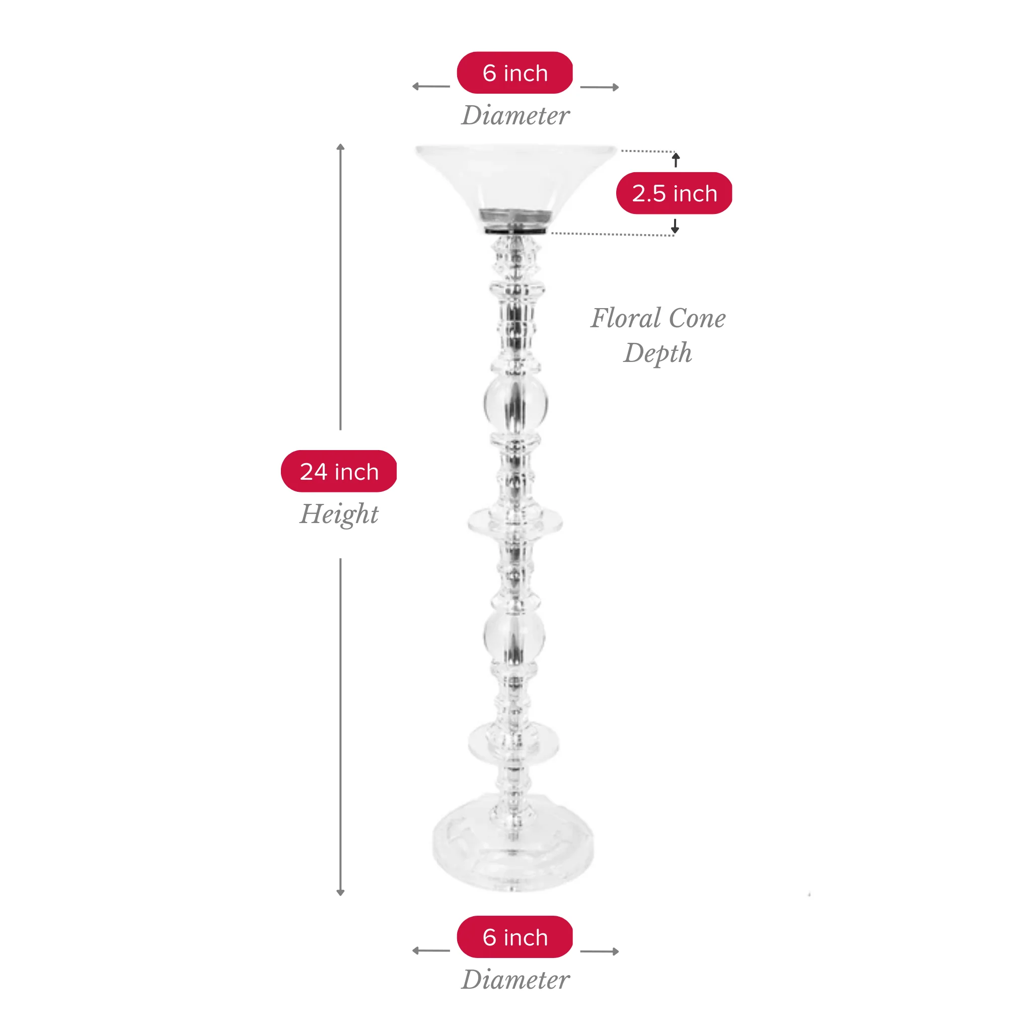 Rose morning V019 is a 24" tall acrylic vase/candle holder that can be used as wedding table decoration. The vase is made of high quality acrylic, durable and easy to clean. It has a round base for stable placement on a table. Vases are perfect for flowers or candles, adding romance and elegance to your wedding.