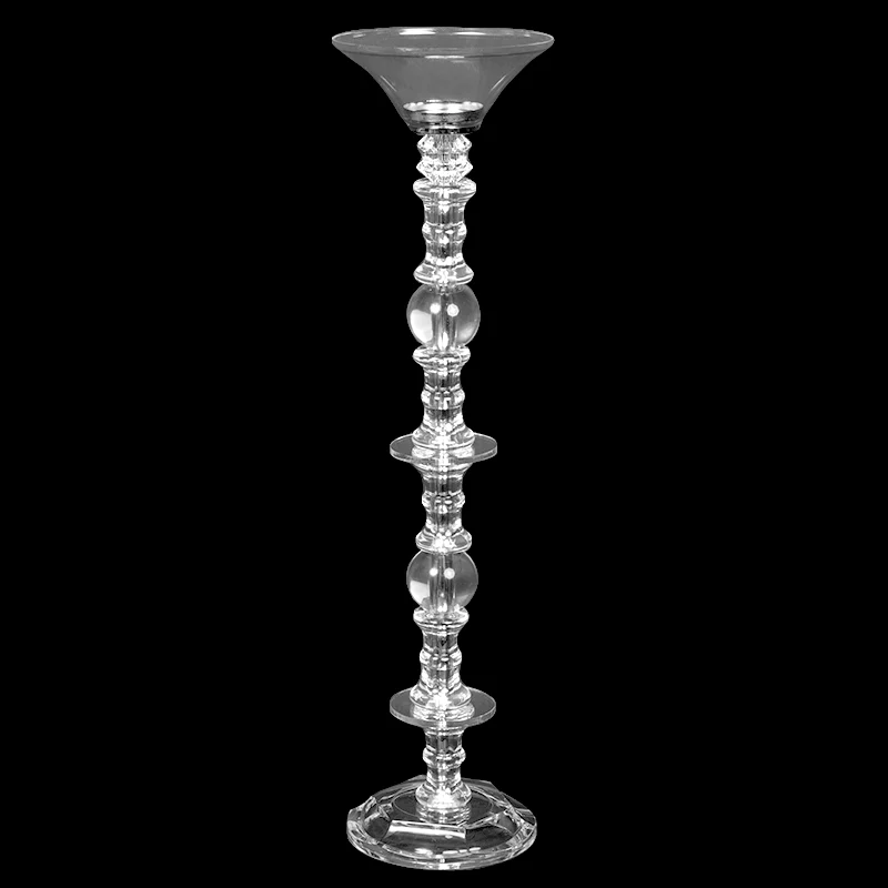 Rose morning V019 is a 24" tall acrylic vase/candle holder that can be used as wedding table decoration. The vase is made of high quality acrylic, durable and easy to clean. It has a round base for stable placement on a table. Vases are perfect for flowers or candles, adding romance and elegance to your wedding.