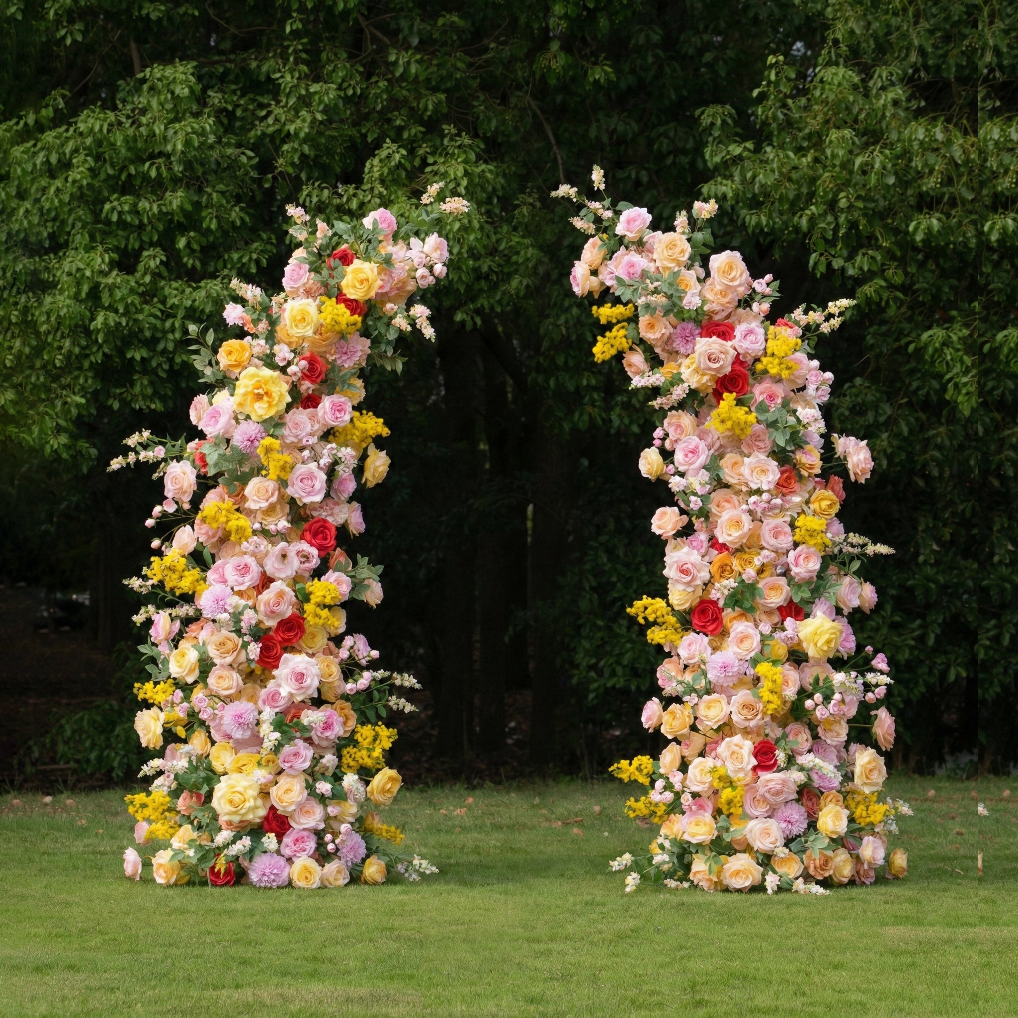 Vaelis: Luxury Golden & Peony Pink Silk Rose Ground Arch Arrangement for Dreamy Garden Weddings & Vibrant Aisle Decor