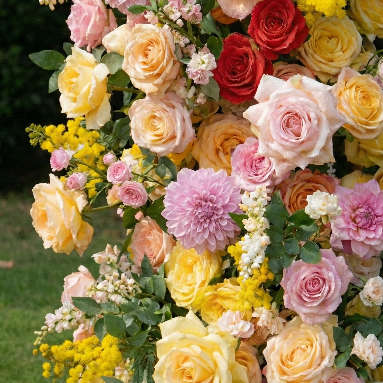 Vaelis: Luxury Golden & Peony Pink Silk Rose Ground Arch Arrangement for Dreamy Garden Weddings & Vibrant Aisle Decor