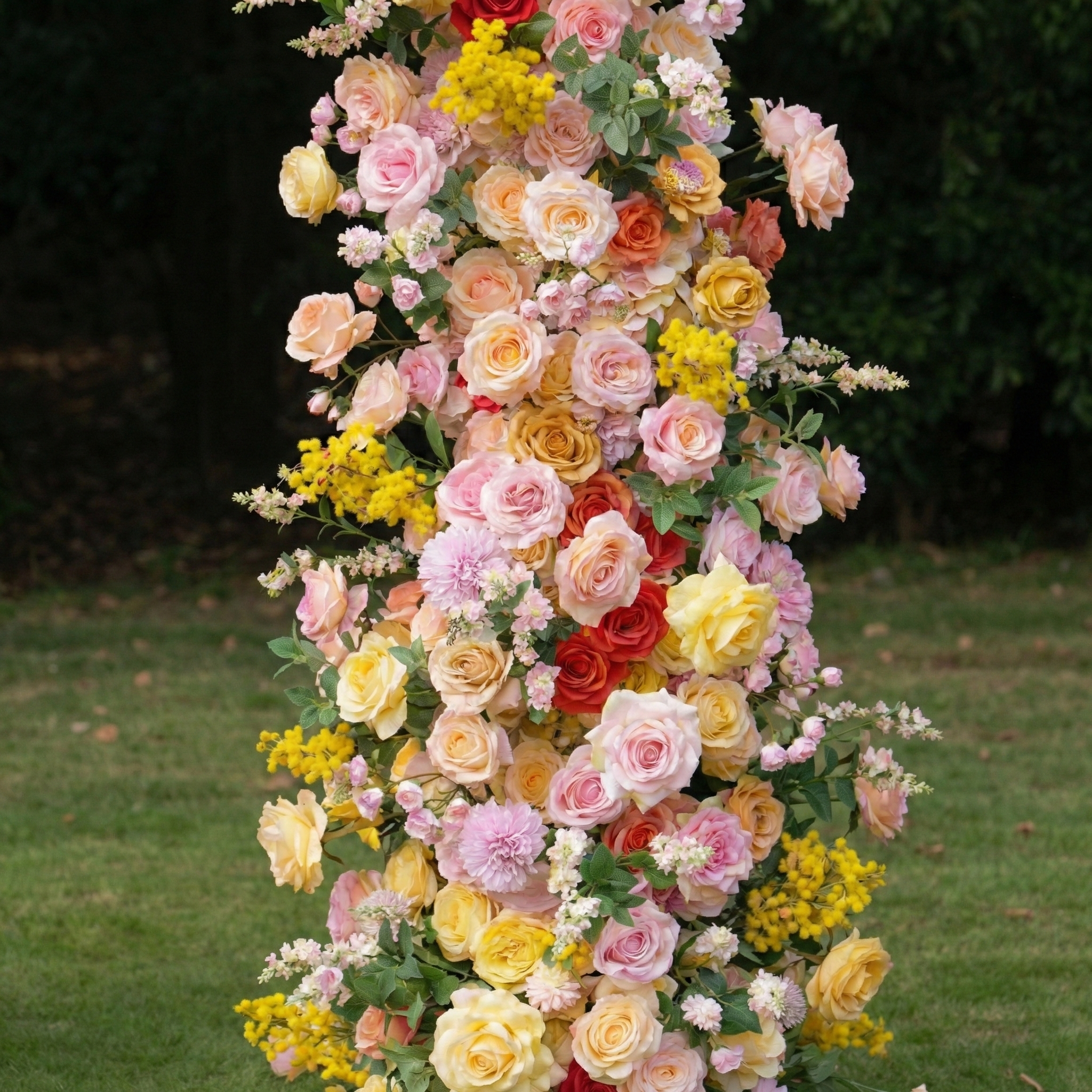 Vaelis: Luxury Golden & Peony Pink Silk Rose Ground Arch Arrangement for Dreamy Garden Weddings & Vibrant Aisle Decor