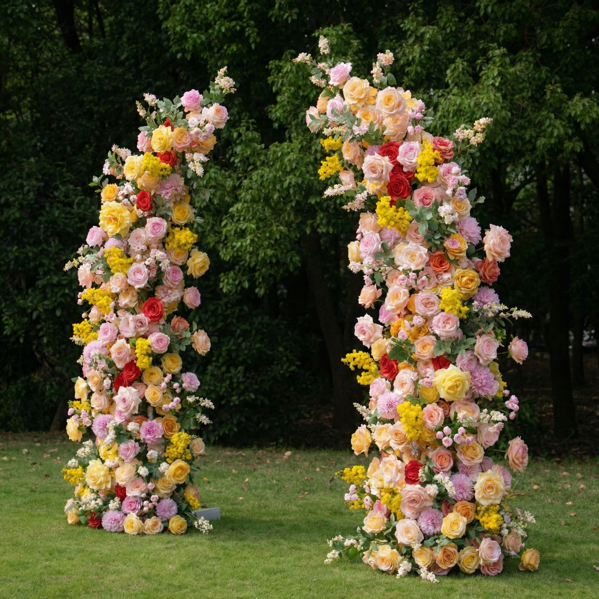 Vaelis: Luxury Golden & Peony Pink Silk Rose Ground Arch Arrangement for Dreamy Garden Weddings & Vibrant Aisle Decor