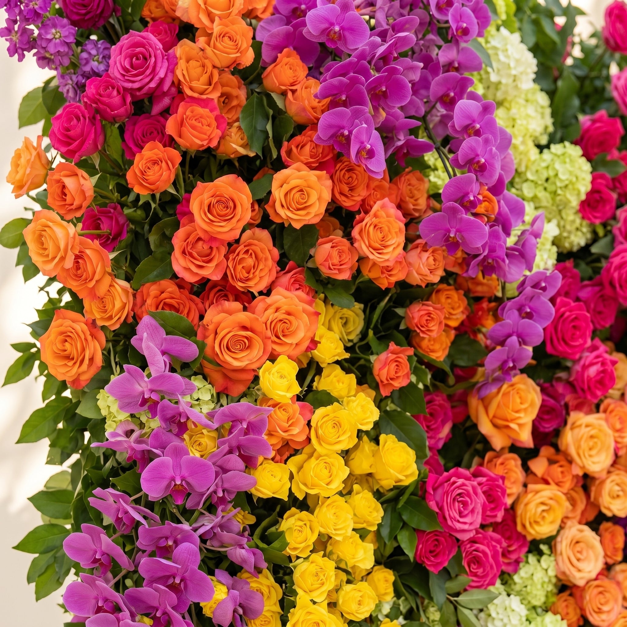 Valnella:5D Rainbow Tropical Mixed Bright Tone Silk Rose Flower Wall Roll-Up Fabric Backdrop for Romantic Weddings & Proposals