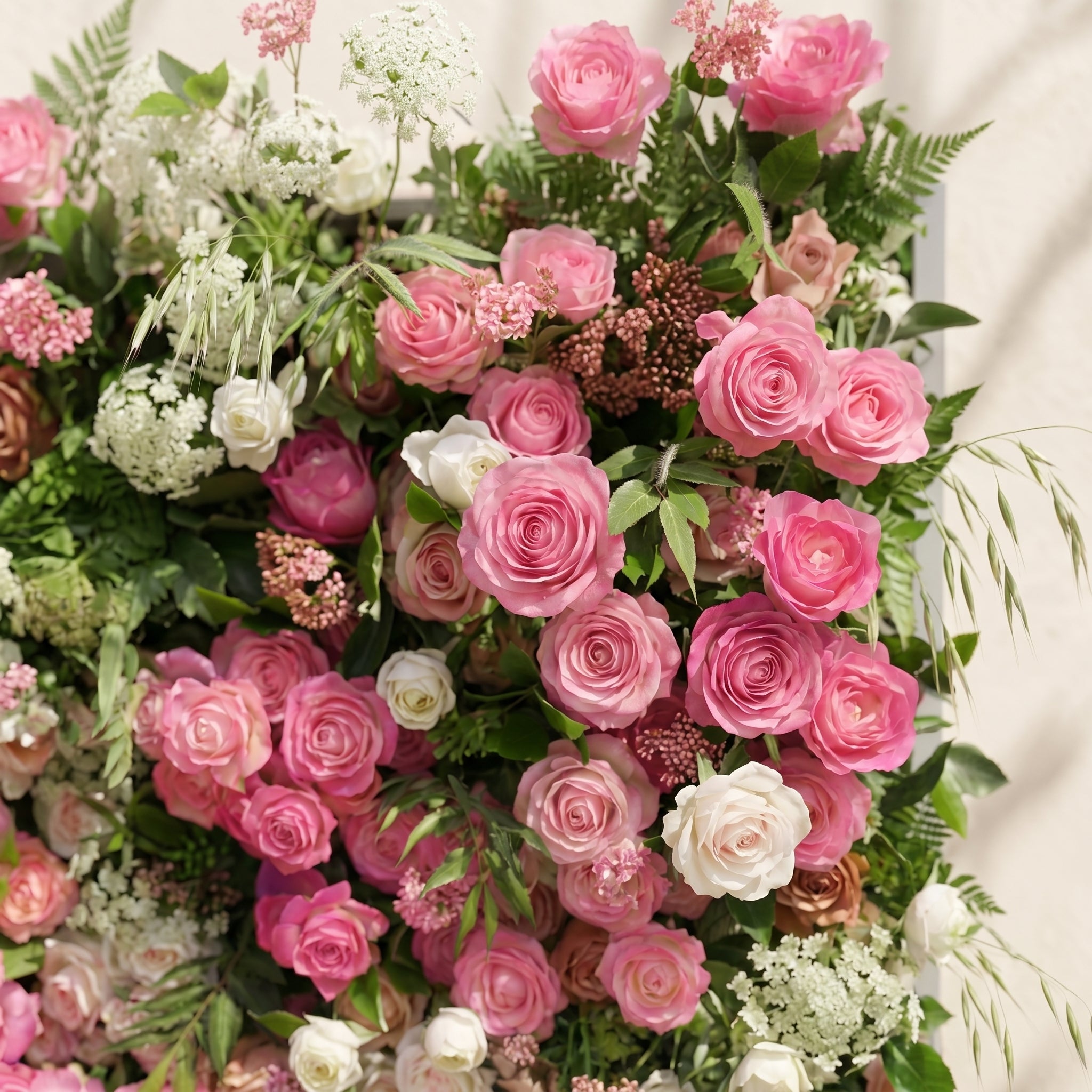 Valvia:5D Multi Tone Hot Pink & Ivory White Silk Rose Flower Wall Roll-Up Fabric Backdrop for Romantic Weddings & Proposals