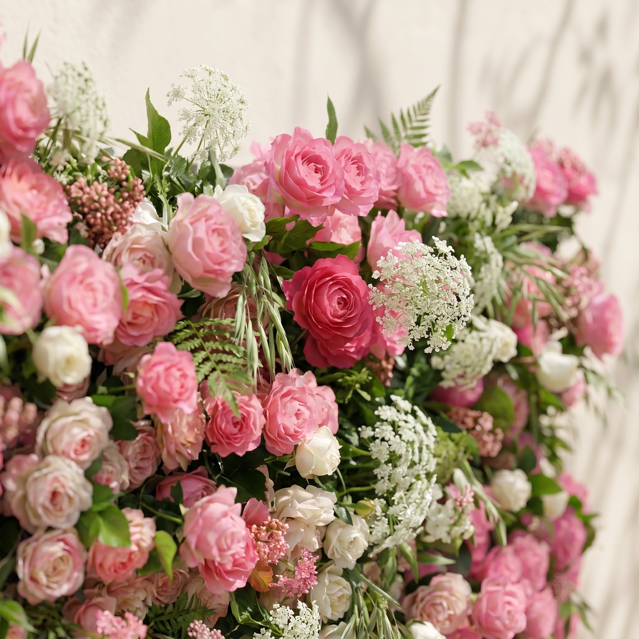 Valvia:5D Multi Tone Hot Pink & Ivory White Silk Rose Flower Wall Roll-Up Fabric Backdrop for Romantic Weddings & Proposals