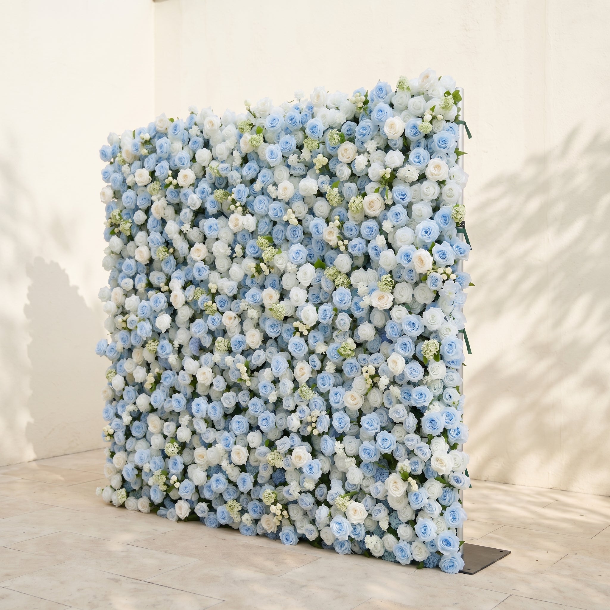 Vesperelia:5D Dusty Baby Blue & Ivory White Silk Rose Flower Wall Roll-Up Fabric Backdrop for Romantic Weddings & Proposals