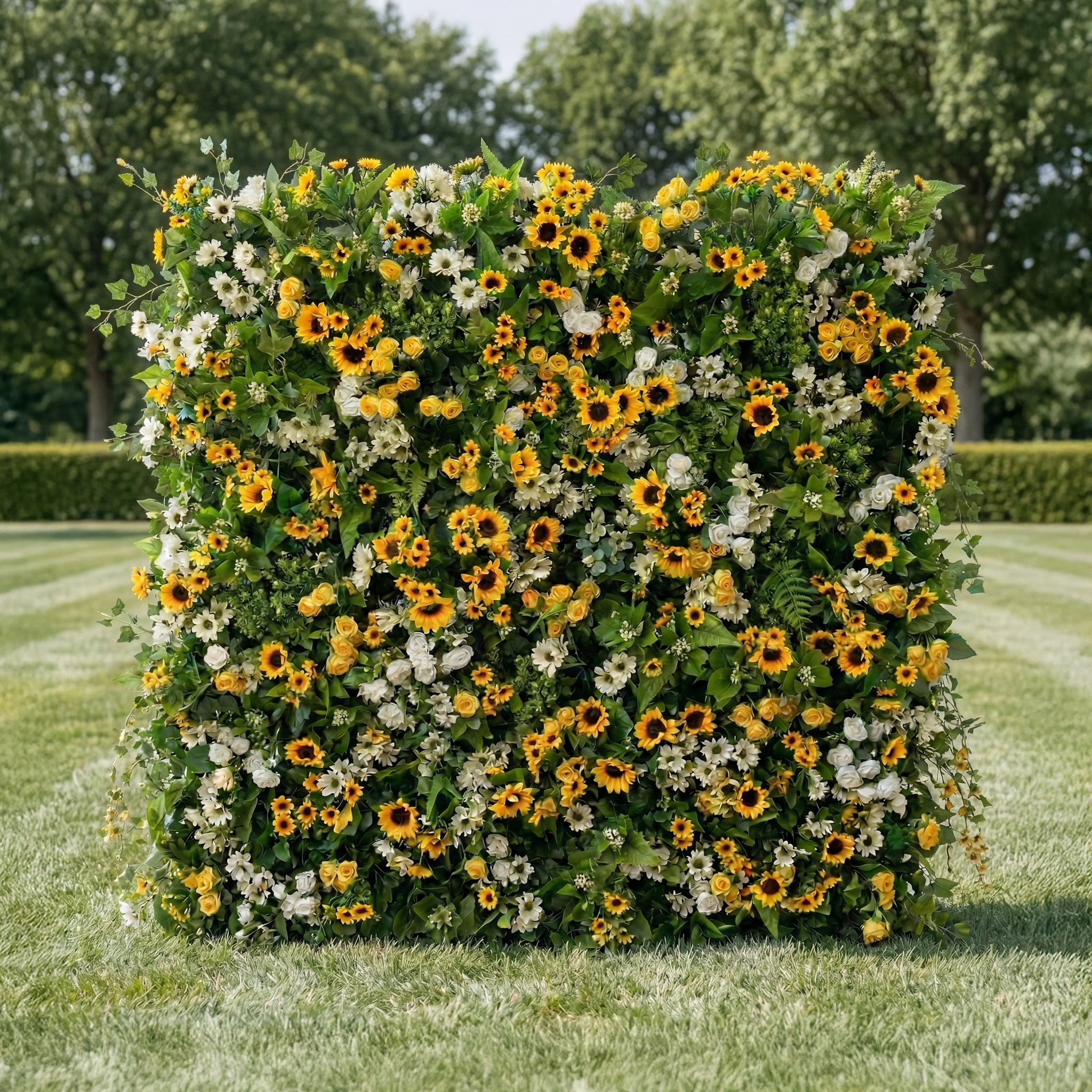 Violetta: Luxury 5D Sunflower & Cream Rose Silk Floral Wall Roll-Up Fabric Backdrop for Garden Weddings & Events