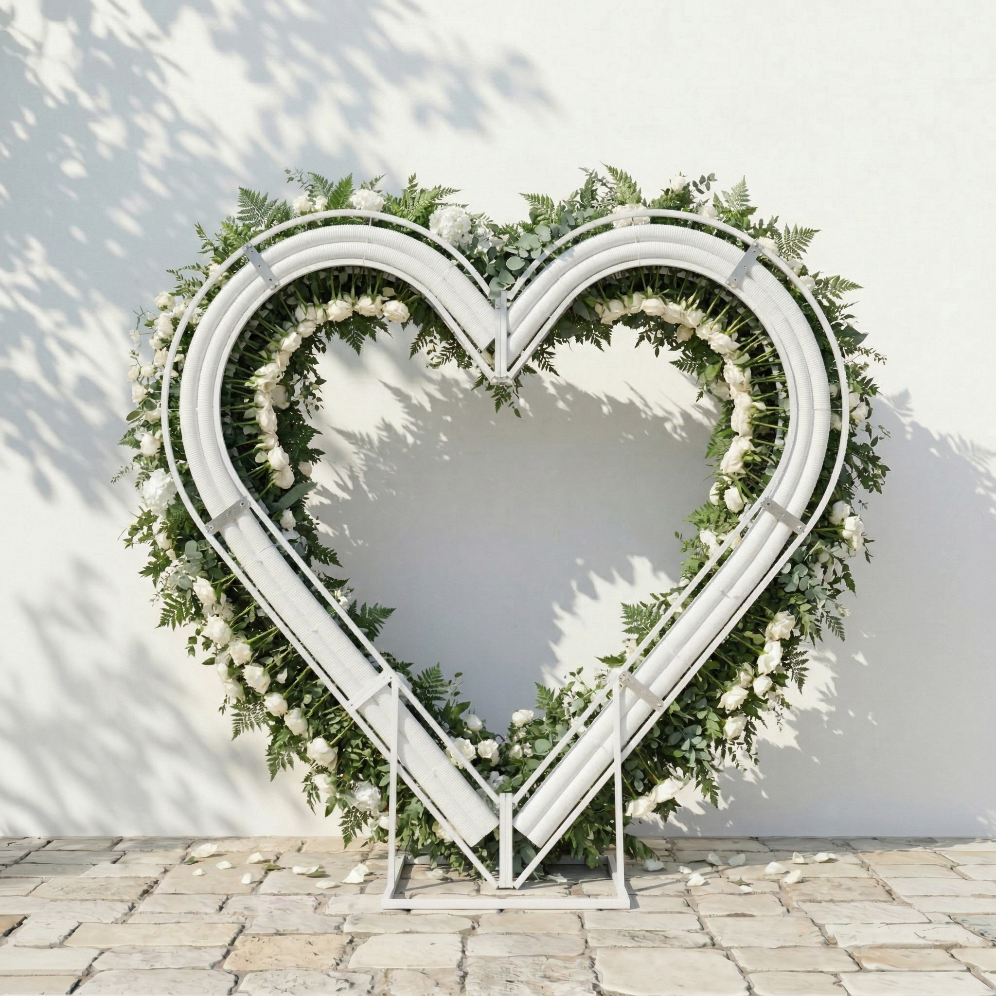 Virelia: Heart-Shaped White Silk Rose and Greenery Flower Arch Floral Arrangement for Romantic Weddings
