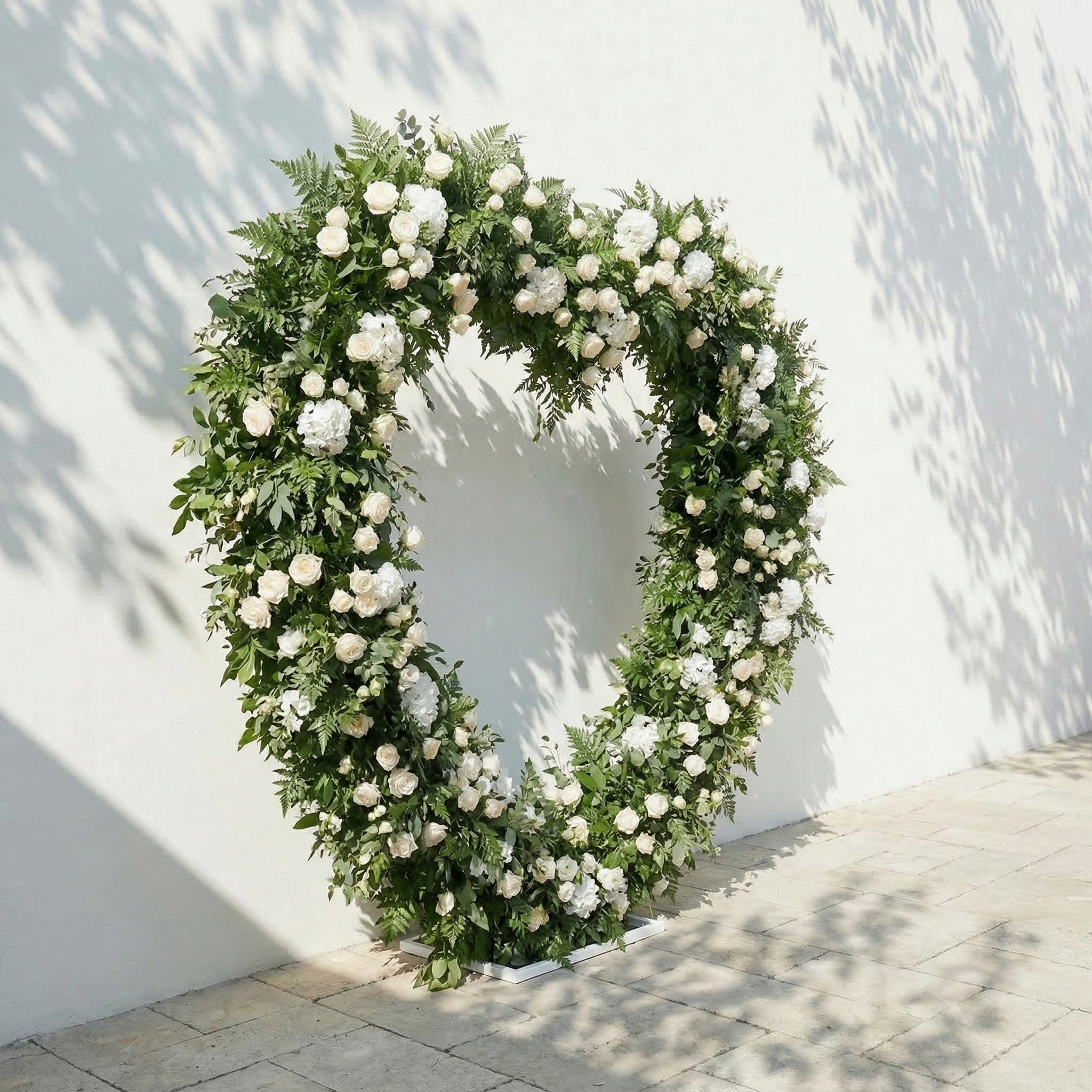 Virelia: Heart-Shaped White Silk Rose and Greenery Flower Arch Floral Arrangement for Romantic Weddings