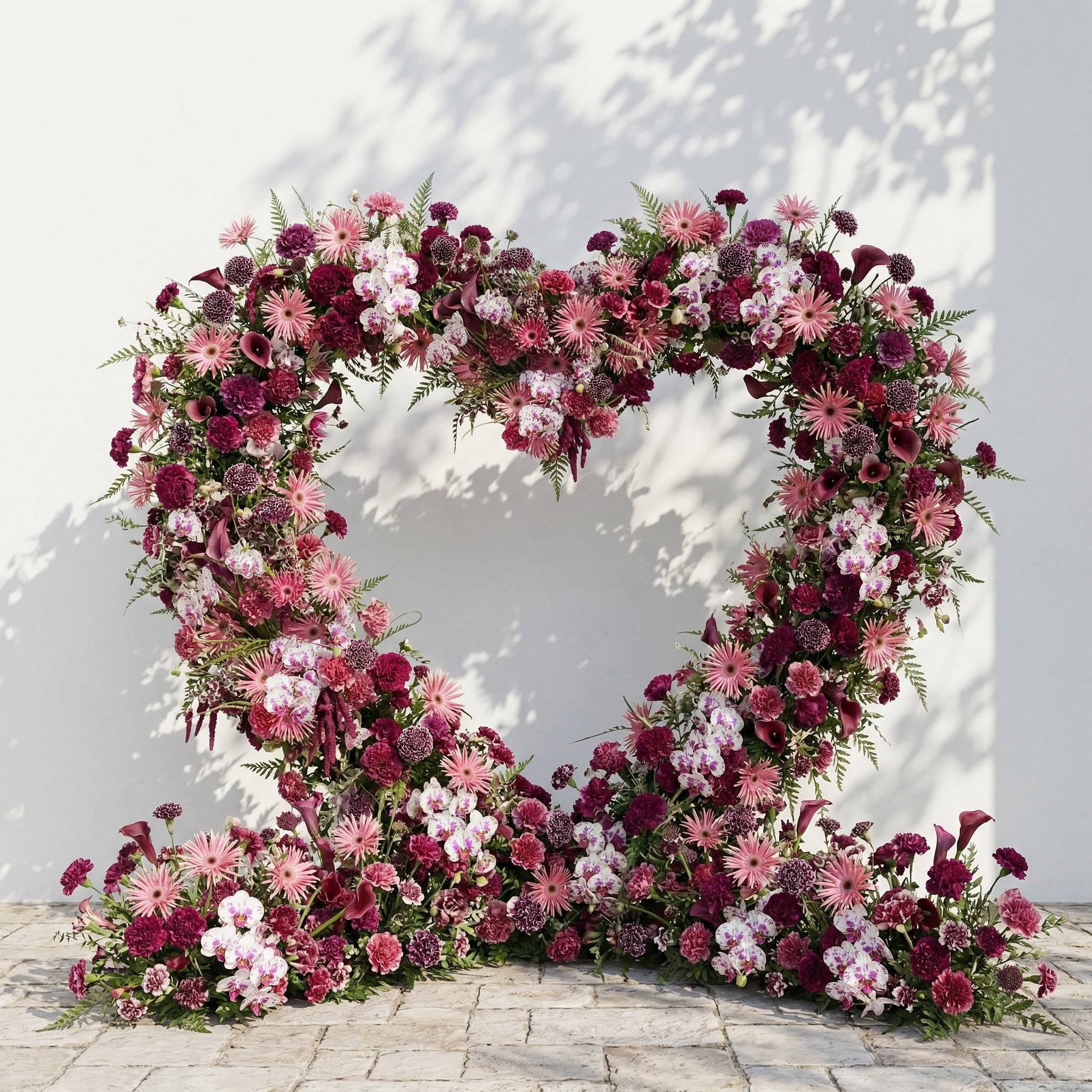 Virexa: Rich Berry-Toned Heart-Shaped Floral Arch for Luxury Wedding & Proposal Ceremony