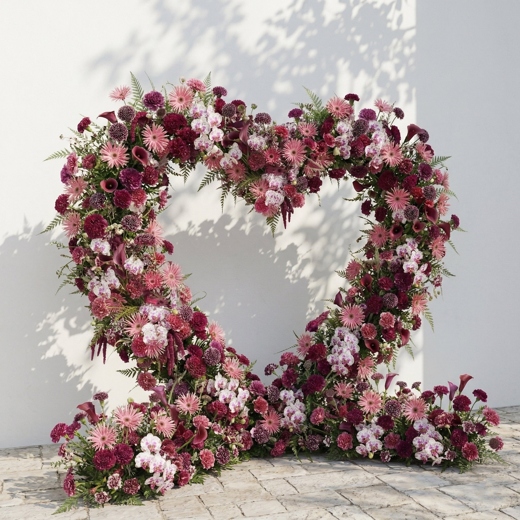 Virexa: Rich Berry-Toned Heart-Shaped Floral Arch for Luxury Wedding & Proposal Ceremony