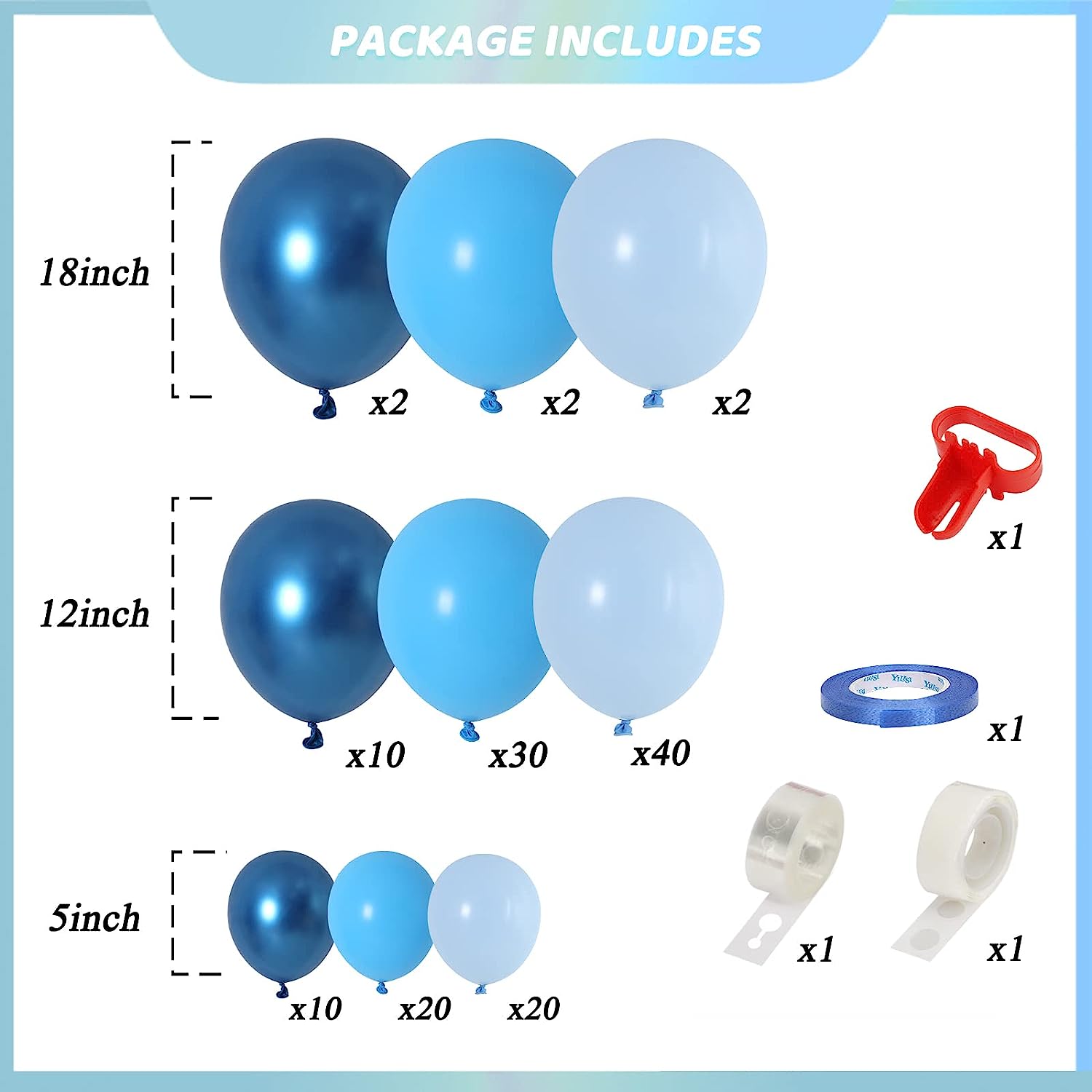 Rose Morning X011: Blue balloon set for happy birthday, wedding anniversary, baby shower party decoration. Set includes 12" and 16" blue balloons, a blue balloon garland, and a blue balloon arch. Balloons are made of high quality latex that will not fade or crack. Balloon garlands and balloon arches are easy to assemble and can decorate your party venue in a variety of ways. This set of balloons is the perfect addition to any party and will impress your guests.