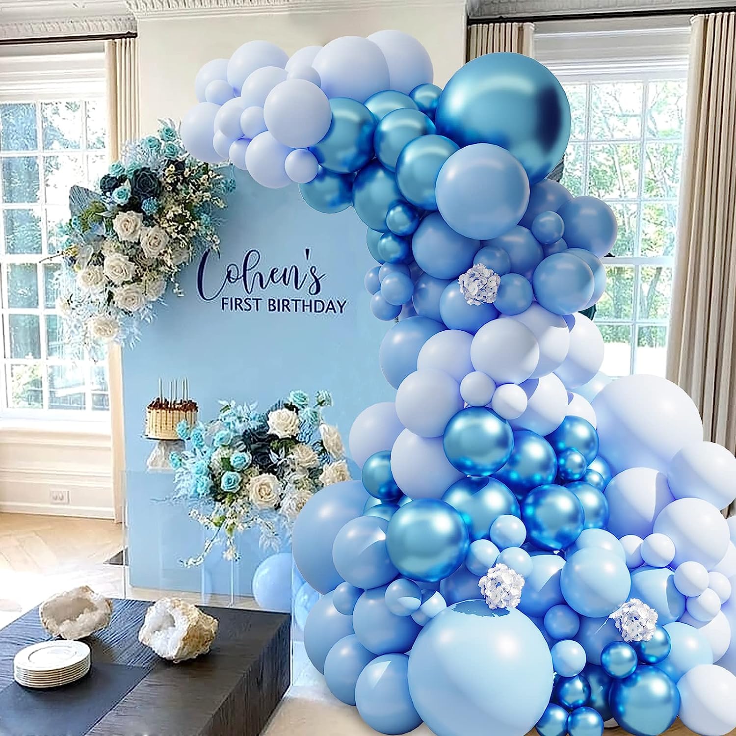 Rose Morning X011: Blue balloon set for happy birthday, wedding anniversary, baby shower party decoration. Set includes 12" and 16" blue balloons, a blue balloon garland, and a blue balloon arch. Balloons are made of high quality latex that will not fade or crack. Balloon garlands and balloon arches are easy to assemble and can decorate your party venue in a variety of ways. This set of balloons is the perfect addition to any party and will impress your guests.
