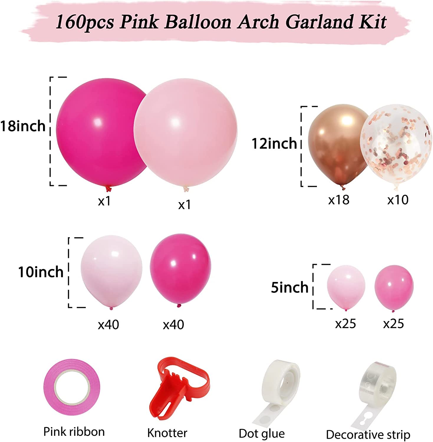 Rose morning X013 160 pcs pink balloon set for birthday, wedding anniversary, valentine&