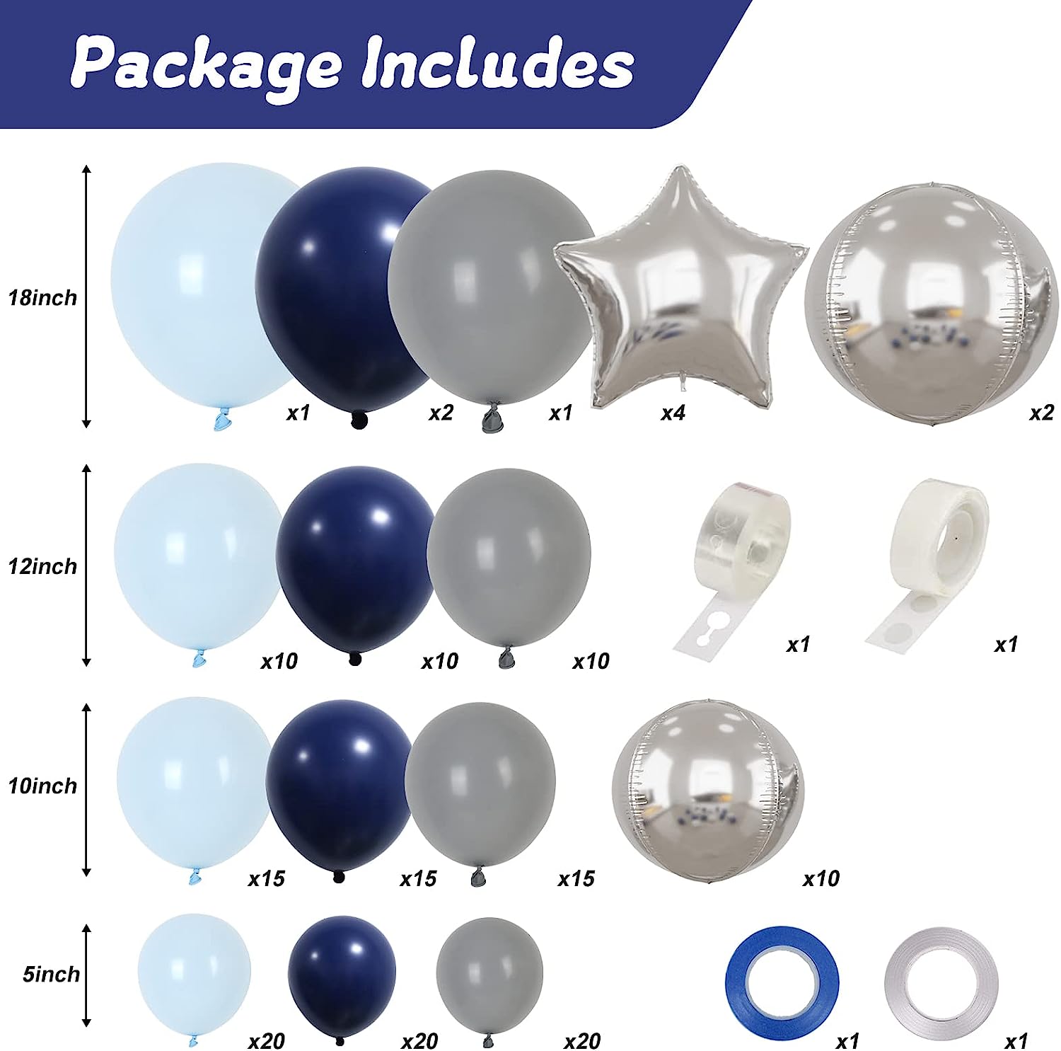 X017: 155pcs Blue Silver Balloons for Happy Birthday Wedding Anniversary Valentine&