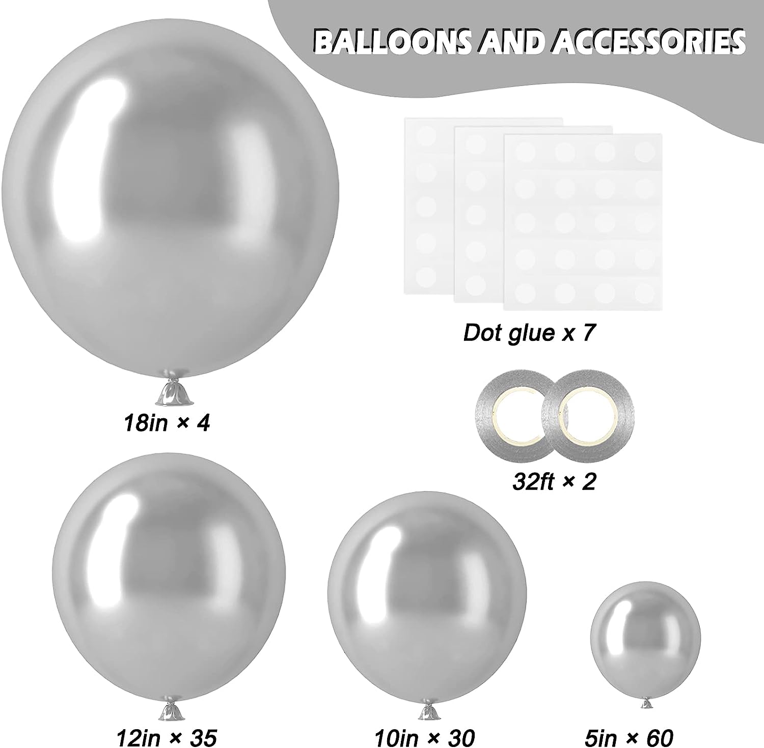 X018: 129pcs Metallic Silver Balloons for Happy Birthday Wedding Anniversary Valentine&