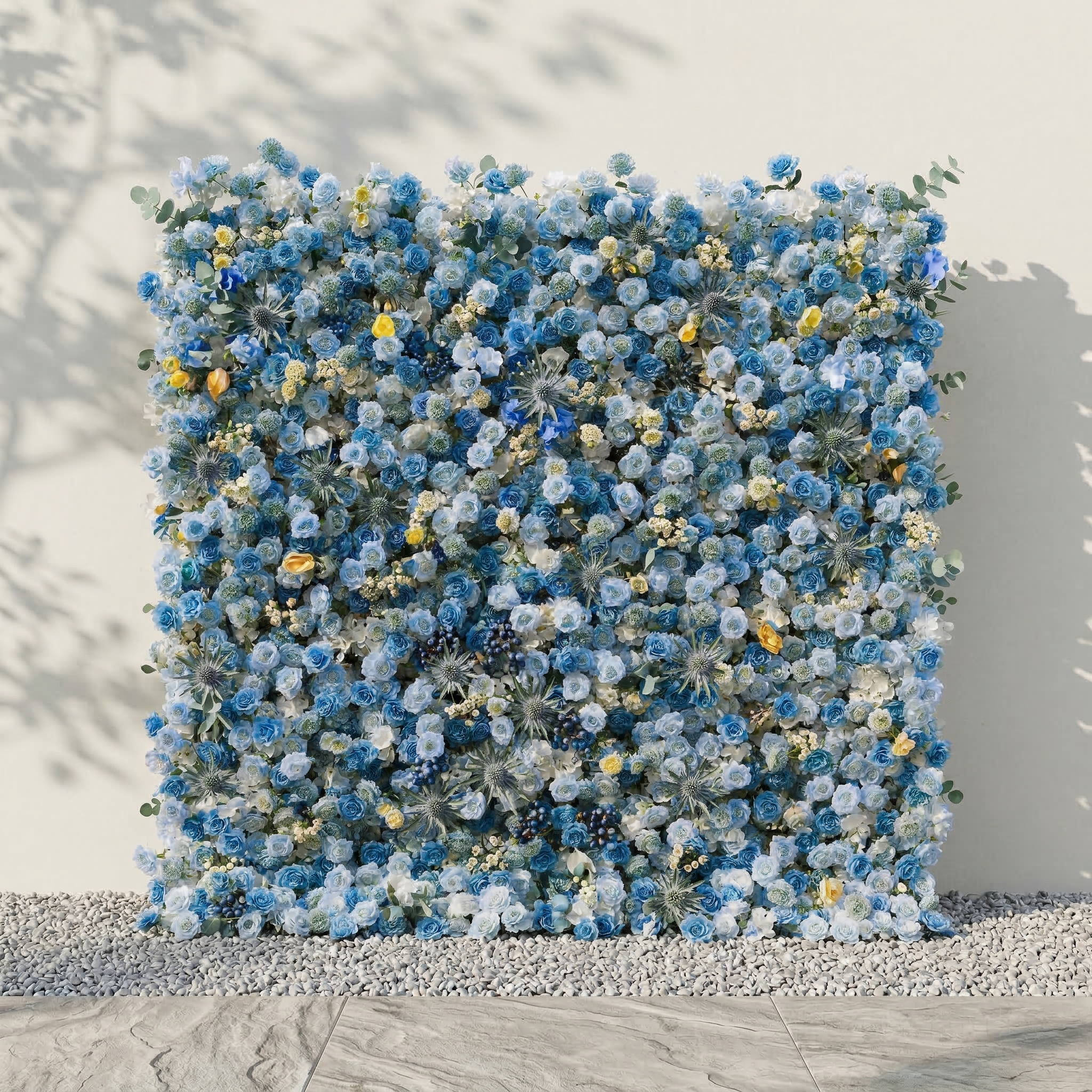 Xyra: 5D Dusty Blue and Azure Silk Rose Flower Wall Roll-Up Fabric Backdrop for Coastal Weddings & Events