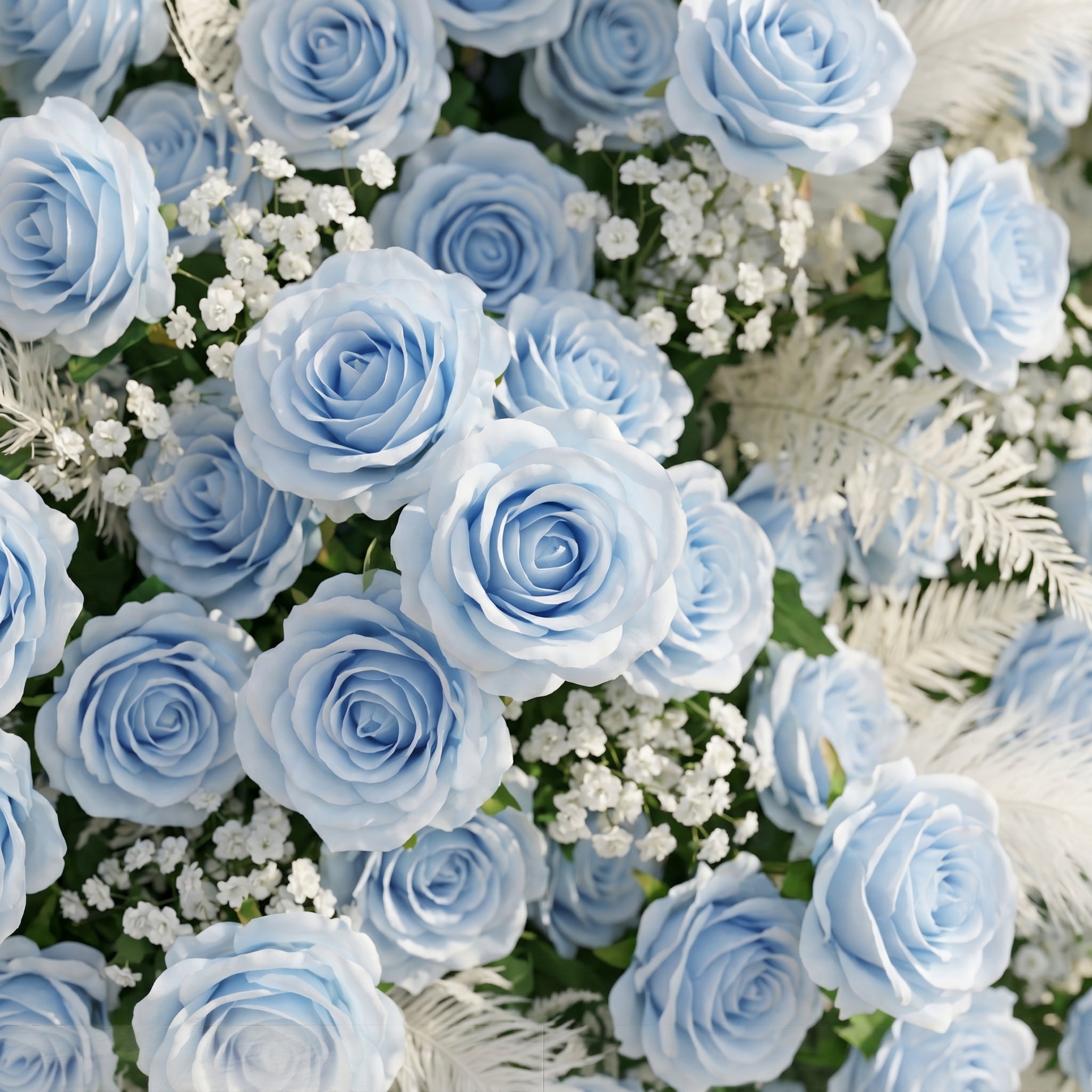 Zarenviane:Luxury 5D Dusty Blue Floral Wall with Greenery Roll-Up Backdrop for Serene Garden Weddings