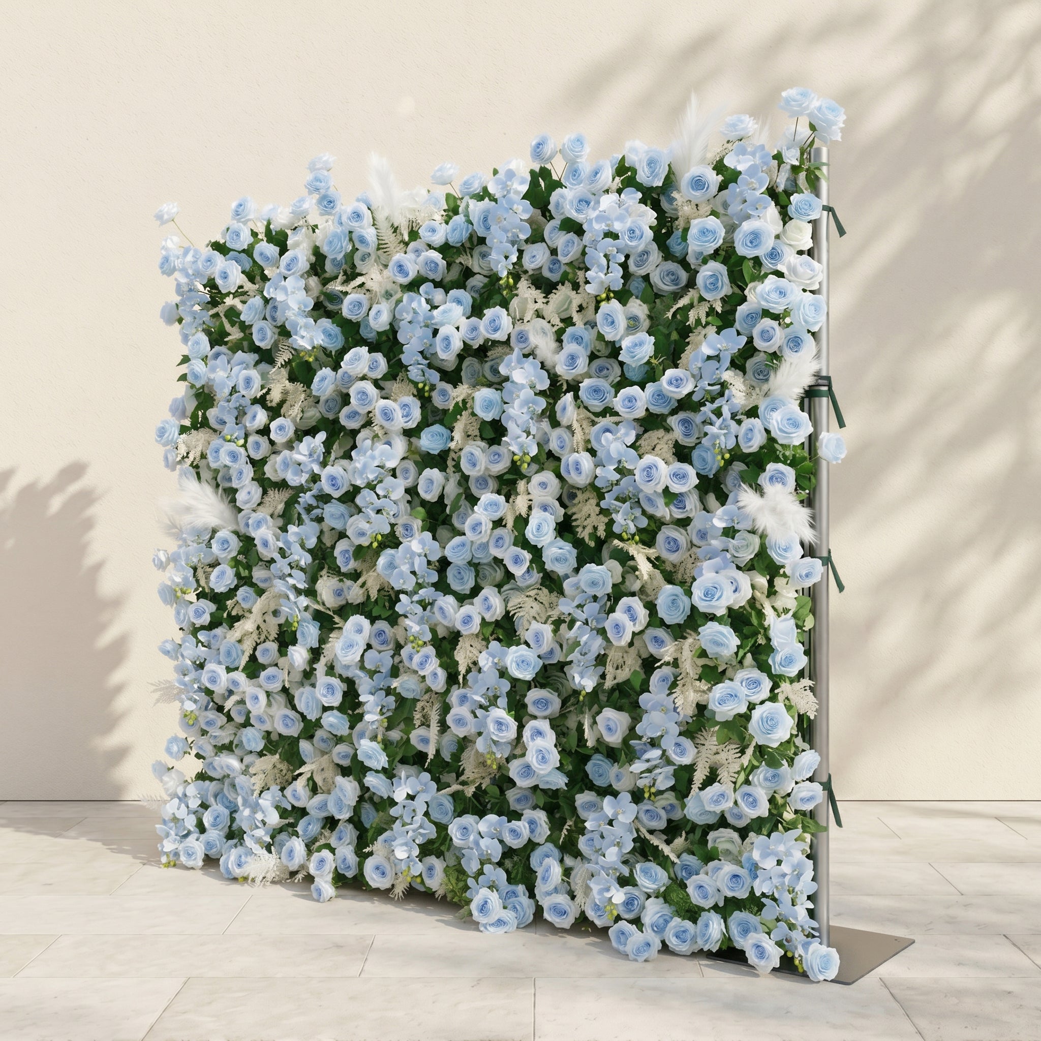 Zarenviane:Luxury 5D Dusty Blue Floral Wall with Greenery Roll-Up Backdrop for Serene Garden Weddings
