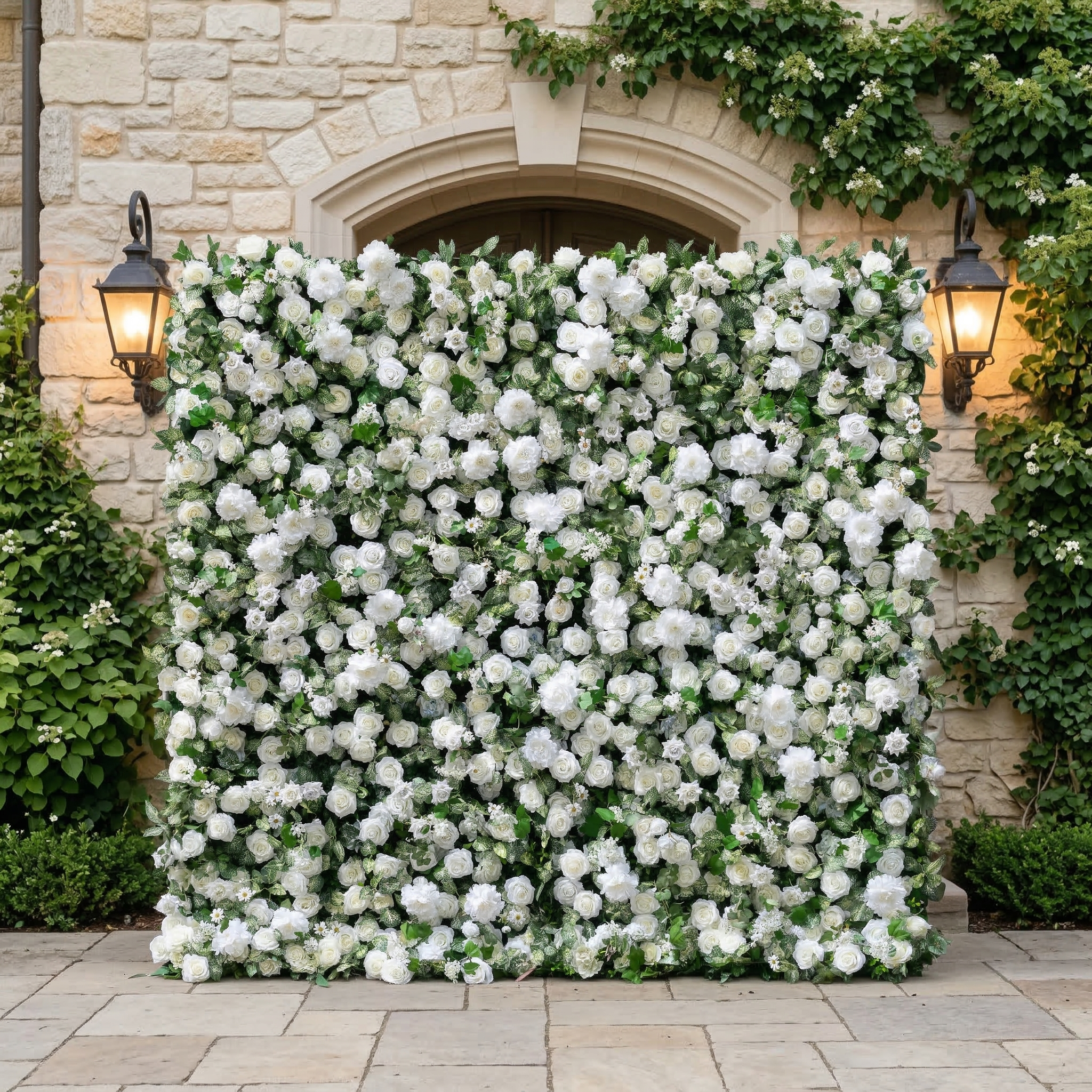 Zirel: 3D Timeless White Flower Wall with Greenery Roll-Up Fabric Backdrop for Luxury Events & Garden Wedding Decor
