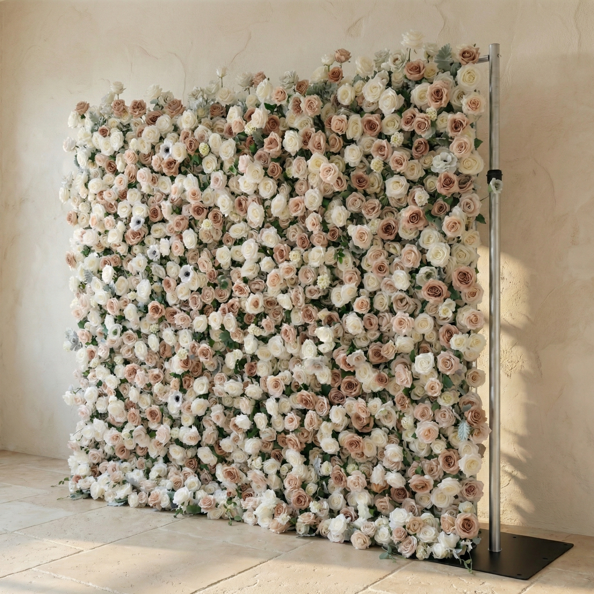 Ziven: 5D Elegant Latte & Ivory Silk Rose Flower Wall Roll-Up Fabric Backdrop for Luxury Wedding & Modern Interior Decor
