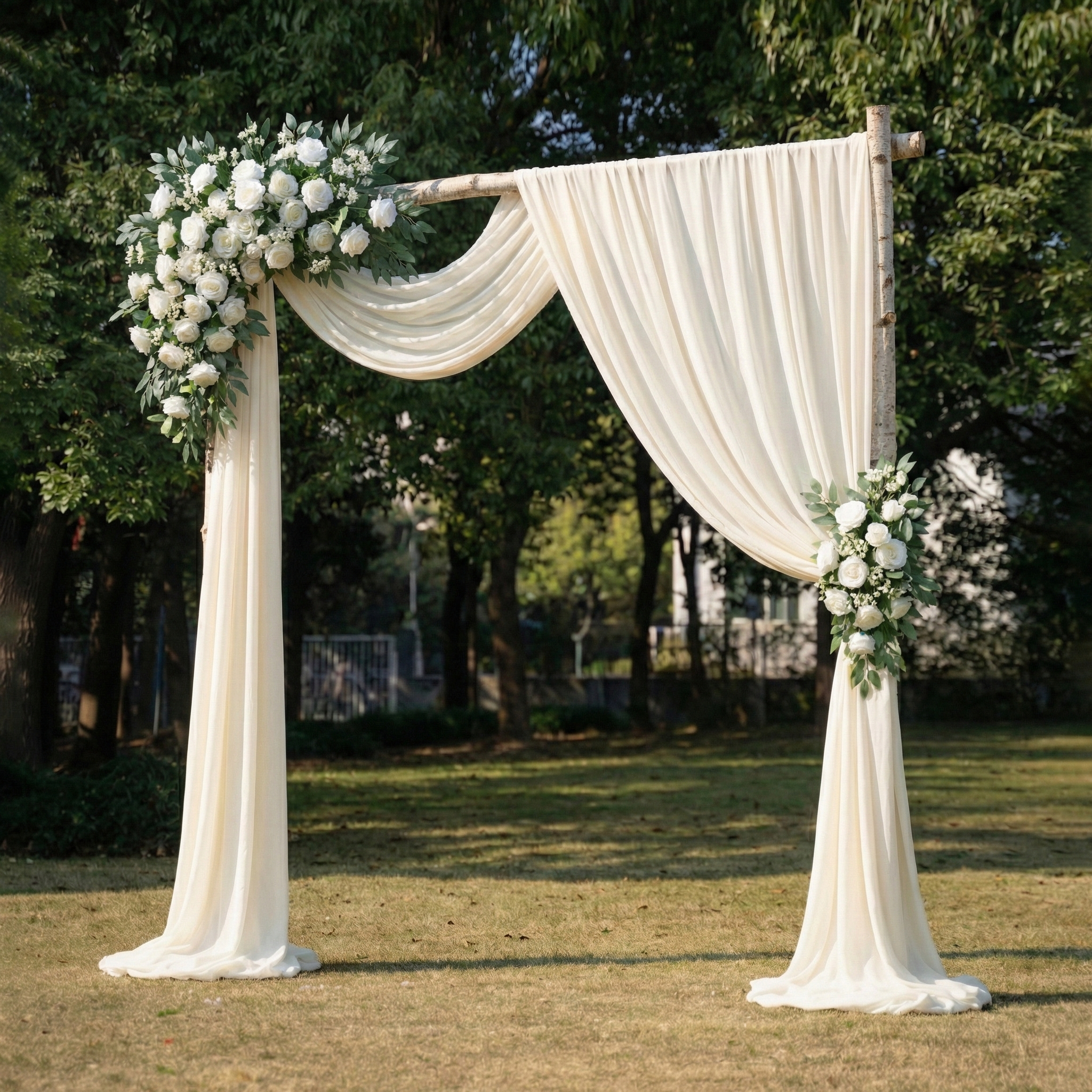 Elegant Ivory and Greenery Wedding Arch Flowers Swag with Sheer Drapes Set for Garden Ceremony and Altar Decor