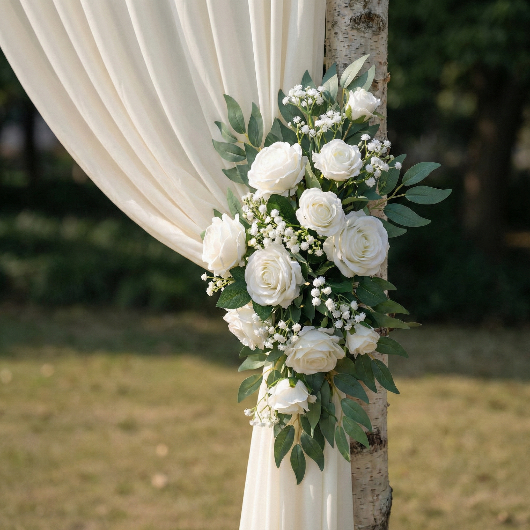 Elegant Ivory and Greenery Wedding Arch Flowers Swag with Sheer Drapes Set for Garden Ceremony and Altar Decor