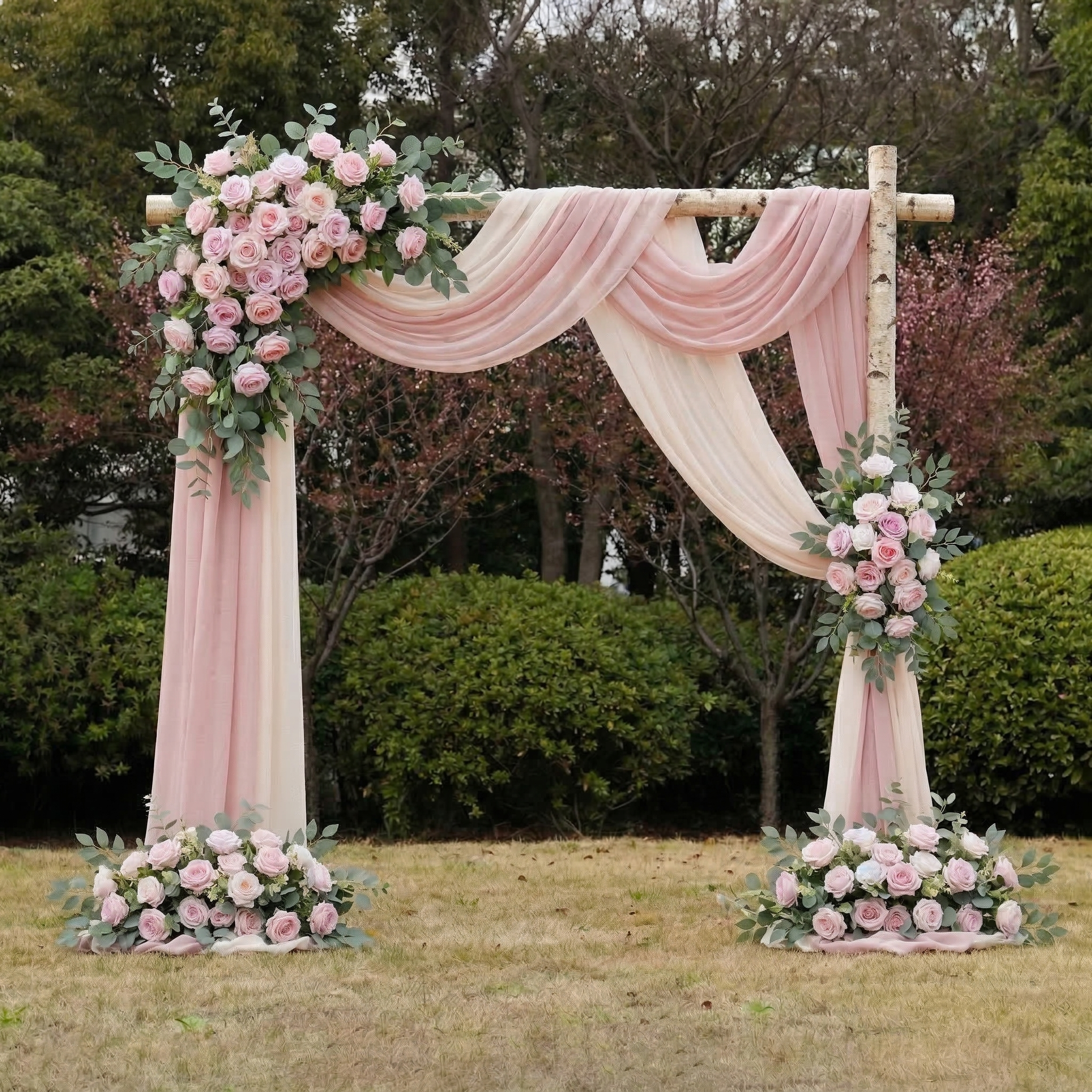 Dusty Blush Floral Arch Kit with Drapes for Garden Wedding Decoration+2 Ground Flowers