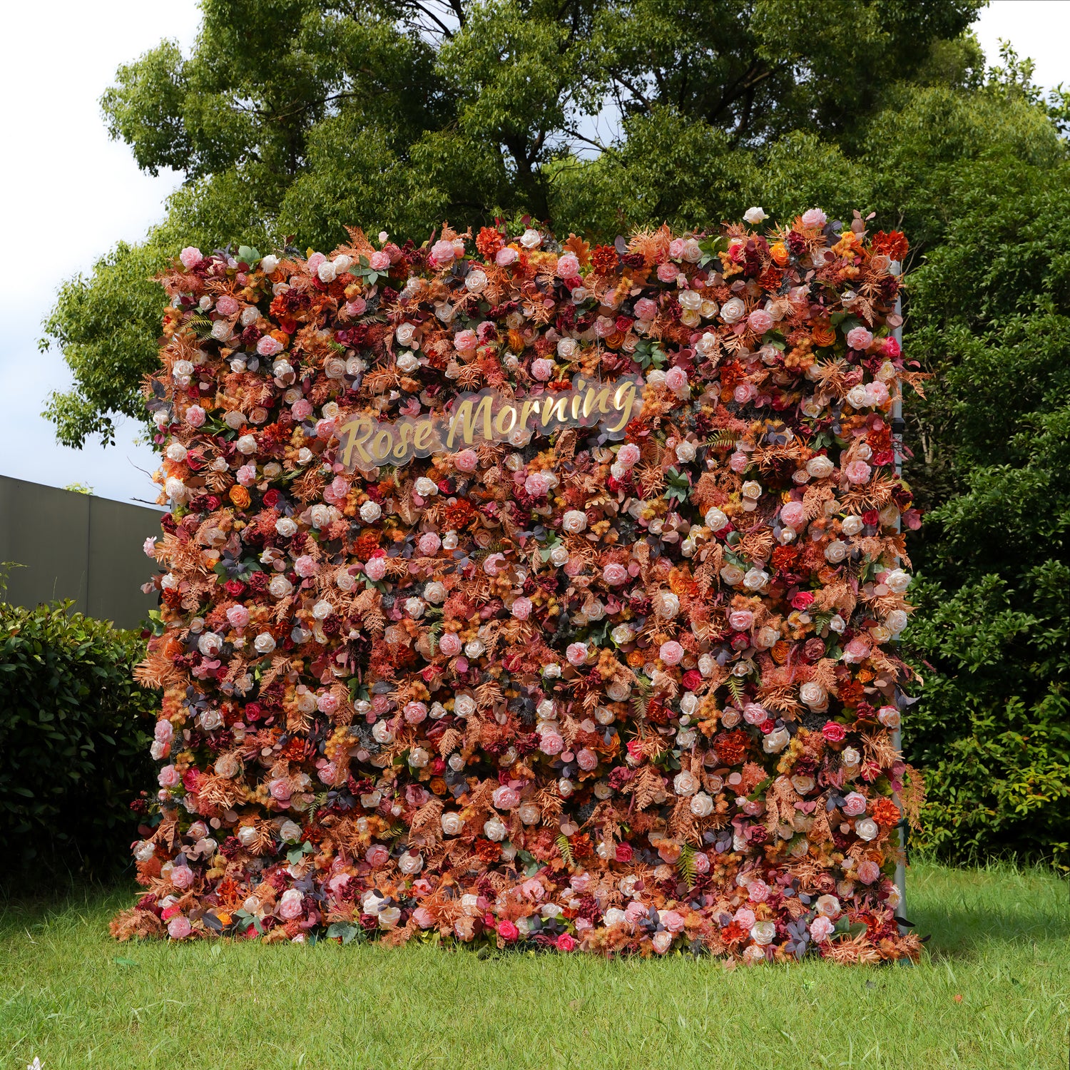 Rose Morning“The flower walls are made of artificial flowers in various colors, layered at different levels to create a lush, elegant and natural look. The exclusive zipper design and roll-up design make it easy to install and remove.”