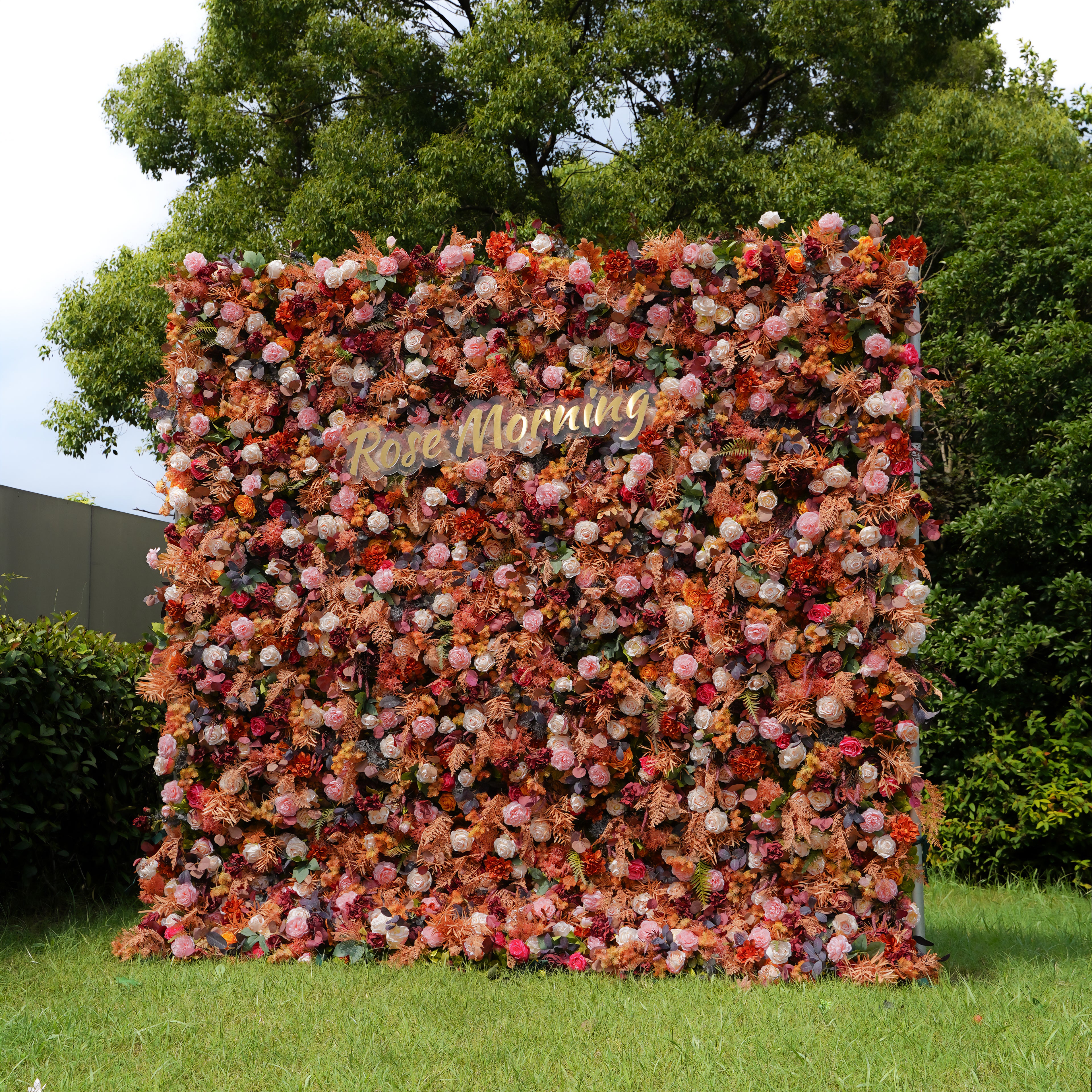 Rose Morning“The flower walls are made of artificial flowers in various colors, layered at different levels to create a lush, elegant and natural look. The exclusive zipper design and roll-up design make it easy to install and remove.”